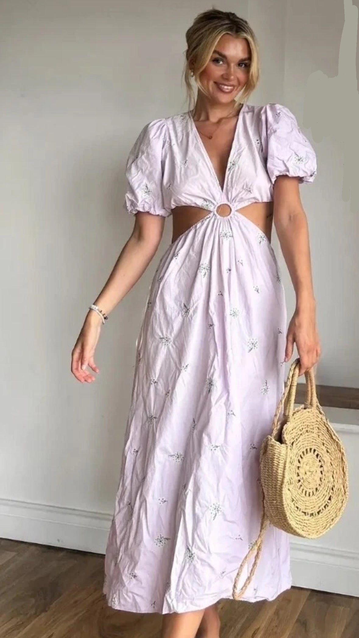 Zara Lylac Lavender Purple Puff Sleeve Cut Out Dainty Boho Maxi Dress