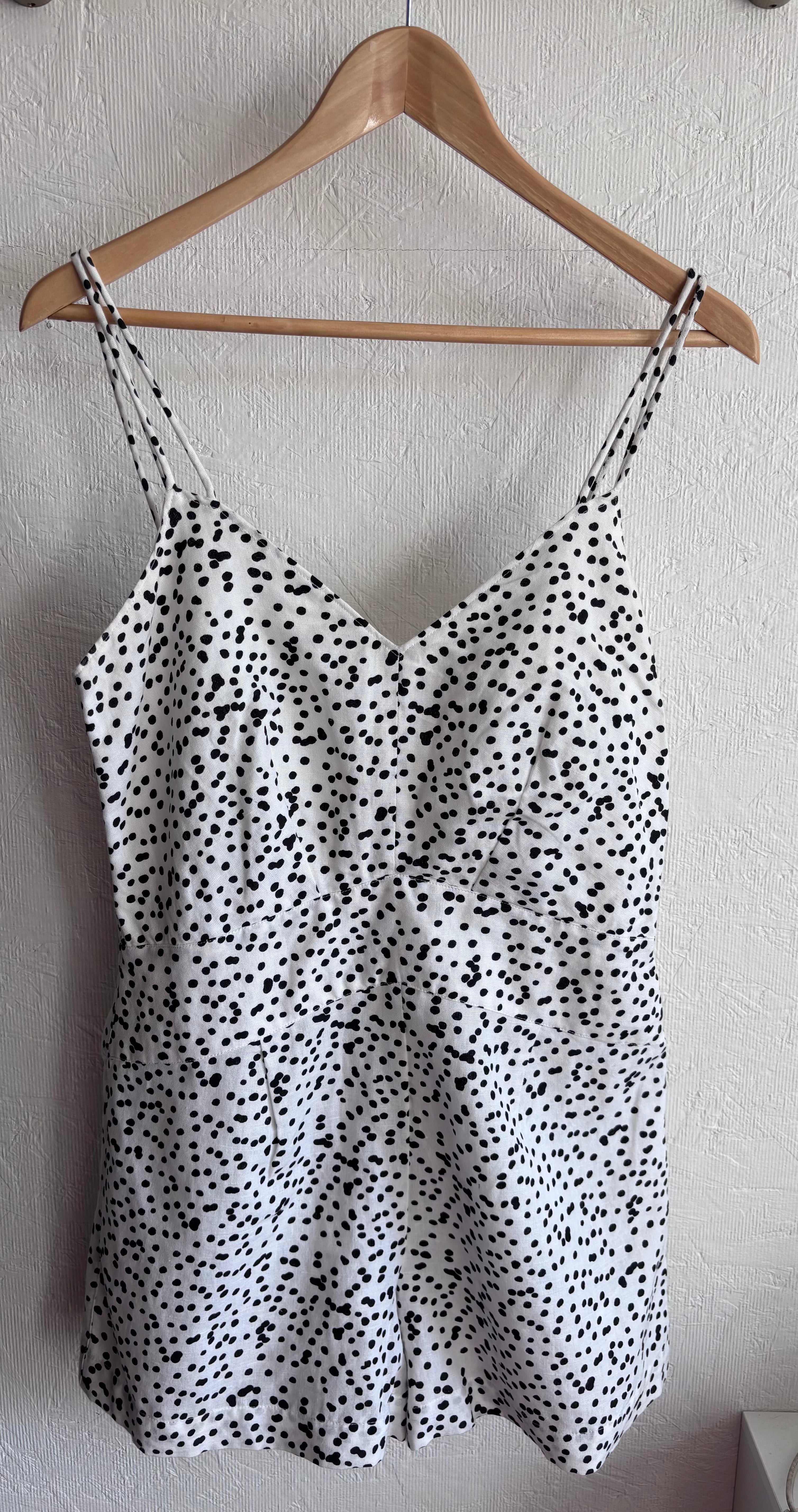 REISS Brinley Cotton Linen Micro Polka Dot Spaghetti Strap Playsuit Romper