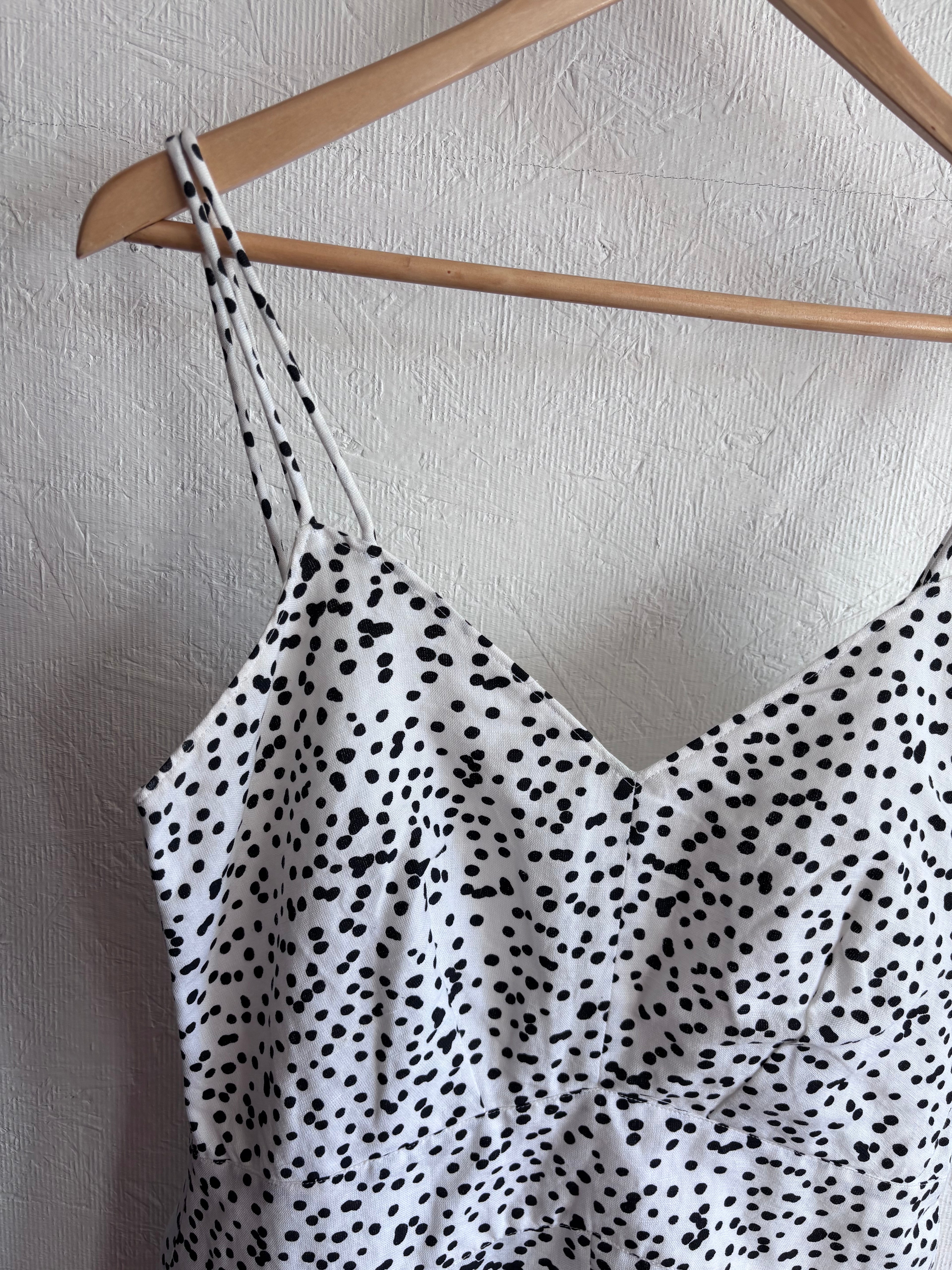 REISS Brinley Cotton Linen Micro Polka Dot Spaghetti Strap Playsuit Romper