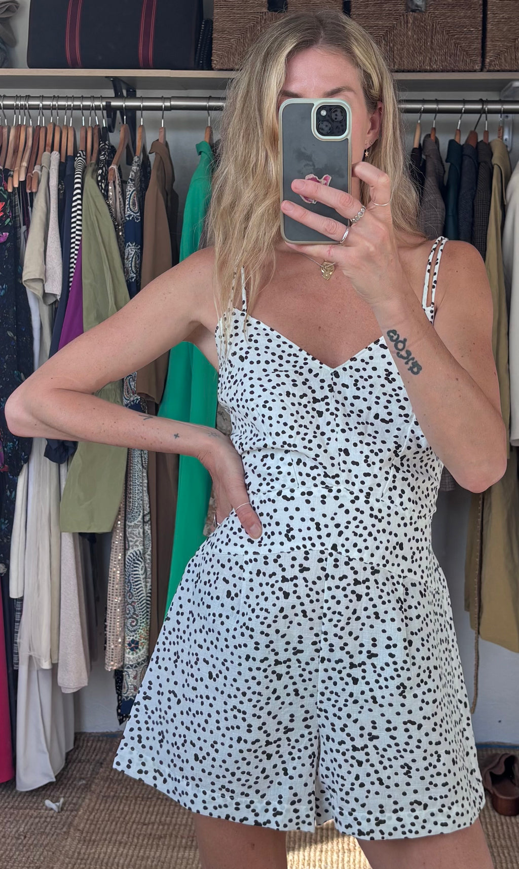 REISS Brinley Cotton Linen Micro Polka Dot Spaghetti Strap Playsuit Romper