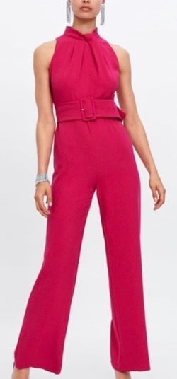 Zara Pink Sleeveless Belted High Neck Wide Leg Jumpsuit 70’s Disco Palm Springs Inspired