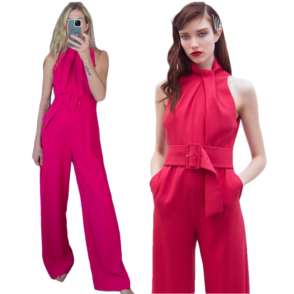 Zara Pink Sleeveless Belted High Neck Wide Leg Jumpsuit 70’s Inspired