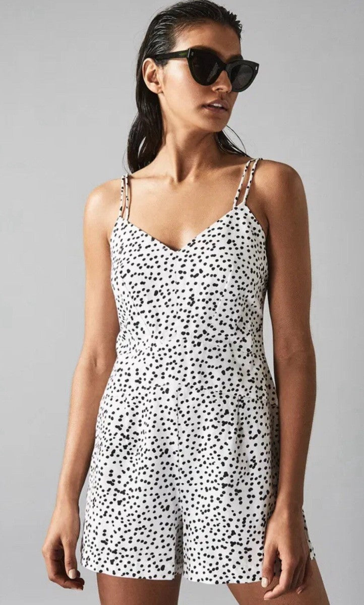 REISS Brinley Cotton Linen Micro Polka Dot Spaghetti Strap Playsuit Romper