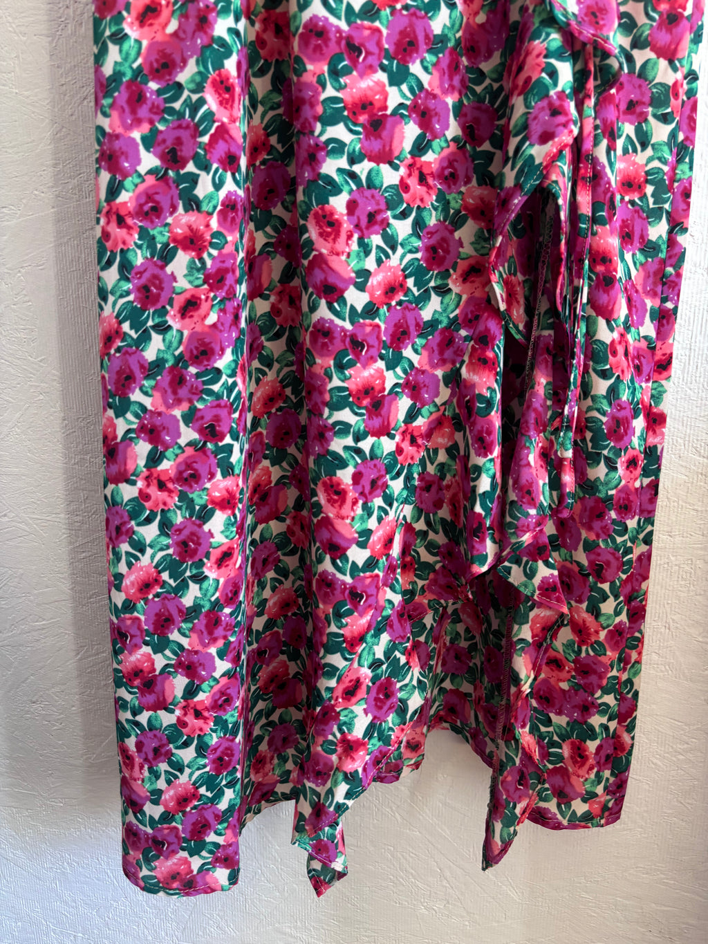 Olivia + James Pink Floral V Neck Ruffle Slit Ruched Spaghetti Strap Midi Dress