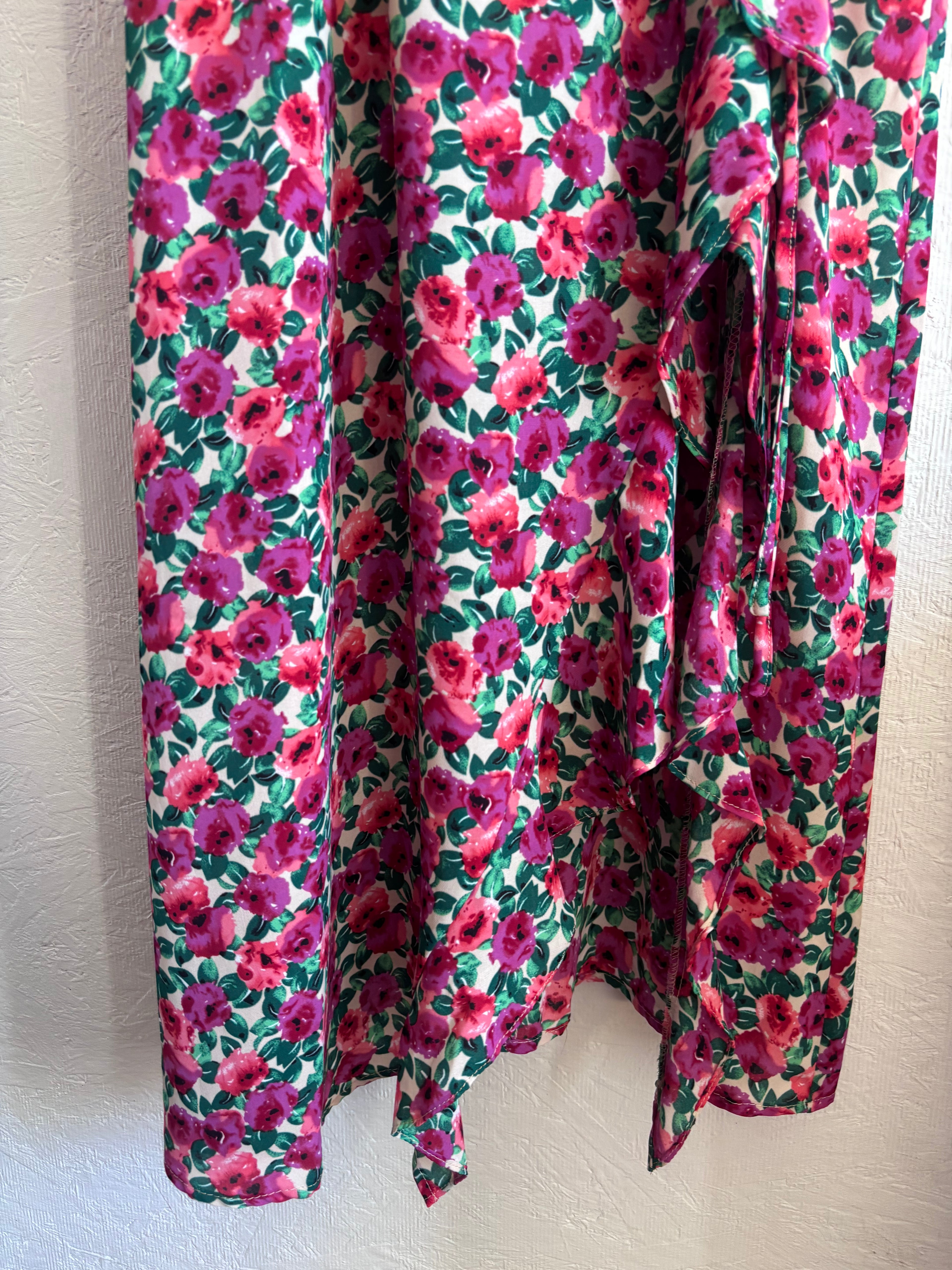 Olivia + James Pink Floral V Neck Ruffle Slit Ruched Spaghetti Strap Midi Dress