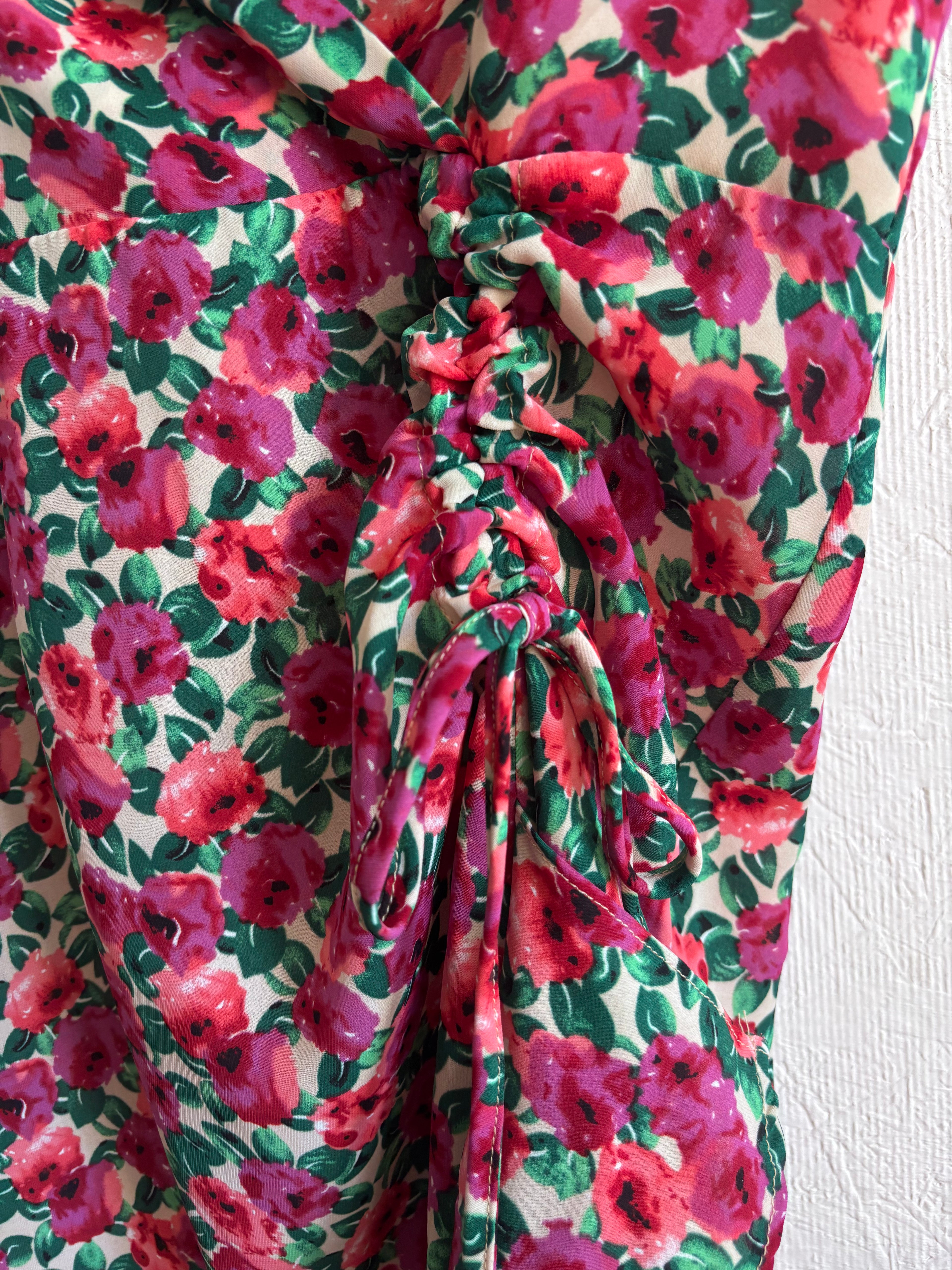 Olivia + James Pink Floral V Neck Ruffle Slit Ruched Spaghetti Strap Midi Dress