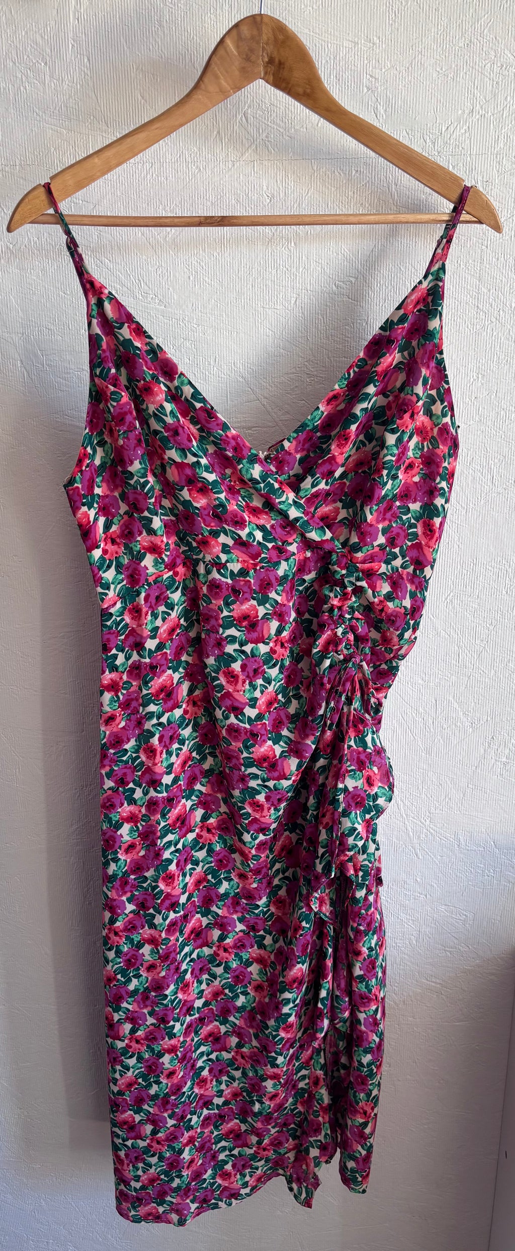 Olivia + James Pink Floral V Neck Ruffle Slit Ruched Spaghetti Strap Midi Dress