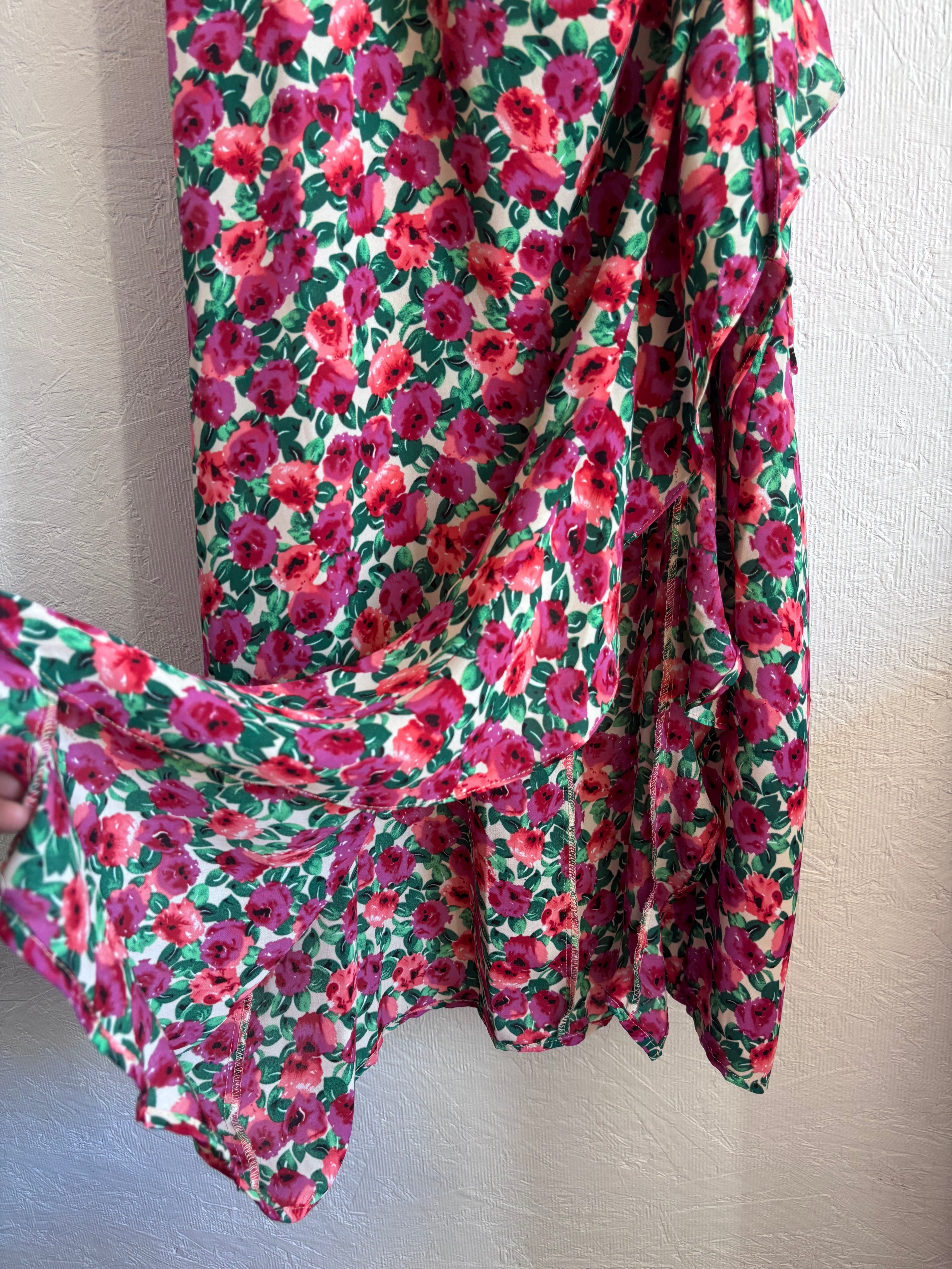 Olivia + James Pink Floral V Neck Ruffle Slit Ruched Spaghetti Strap Midi Dress