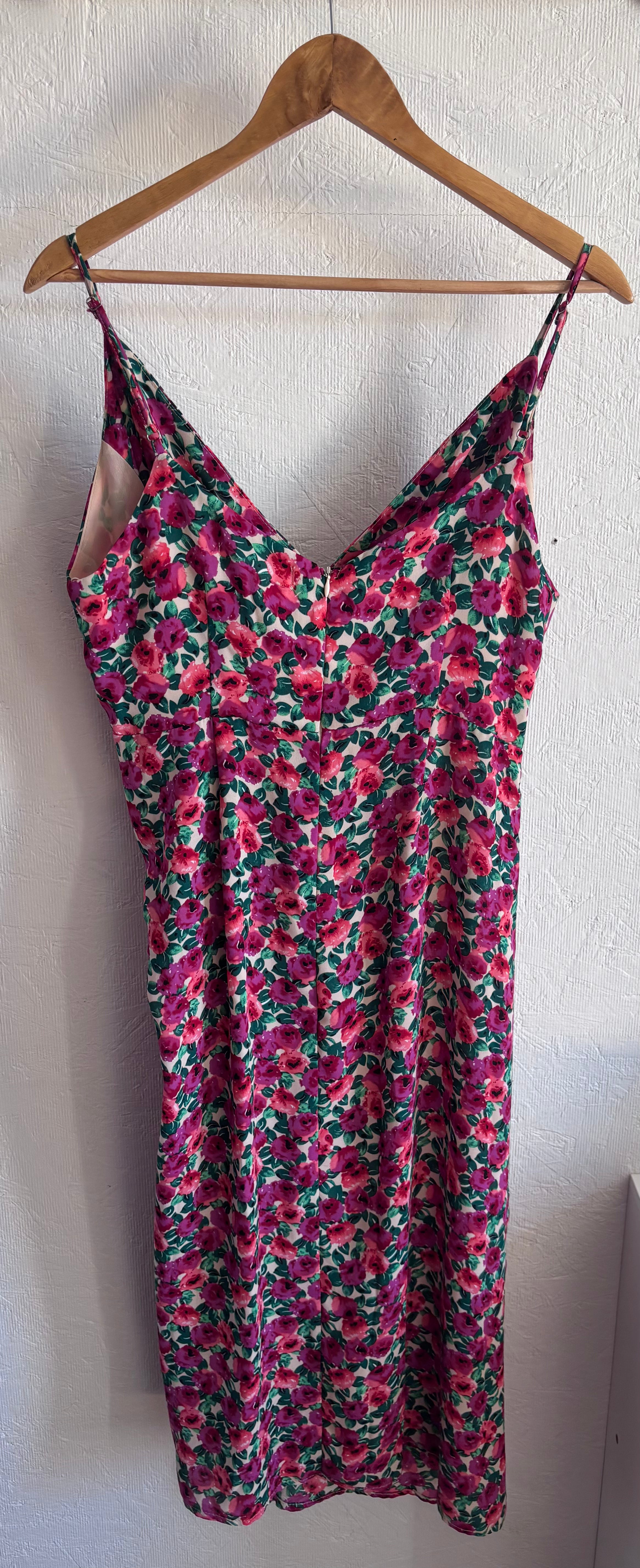 Olivia + James Pink Floral V Neck Ruffle Slit Ruched Spaghetti Strap Midi Dress