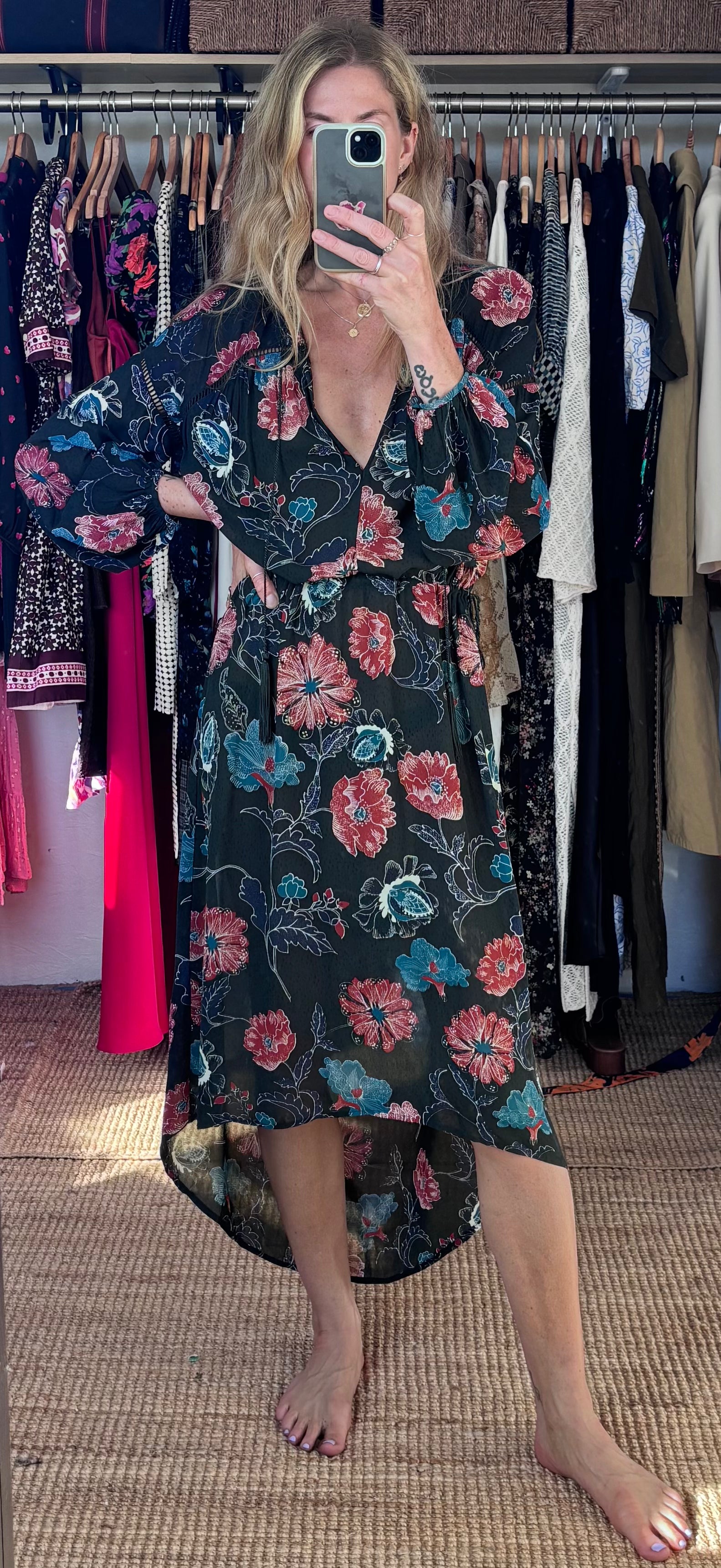Revolve’s ASTR The Label Oversized Floral Boho Long Sleeve Hi Lo Tassel Drawstring Low Cut Maxi Dress