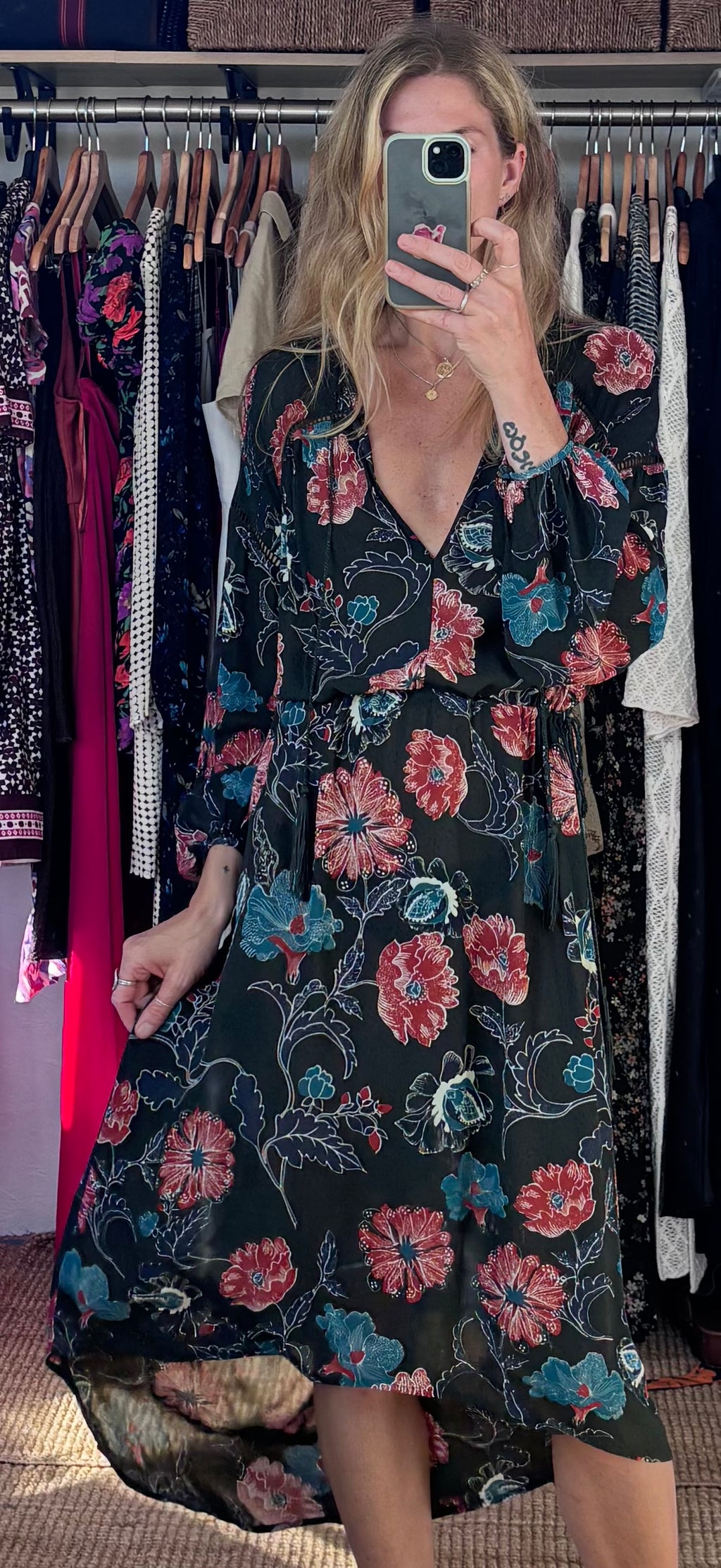 Revolve’s ASTR The Label Oversized Floral Boho Long Sleeve Hi Lo Tassel Drawstring Low Cut Maxi Dress
