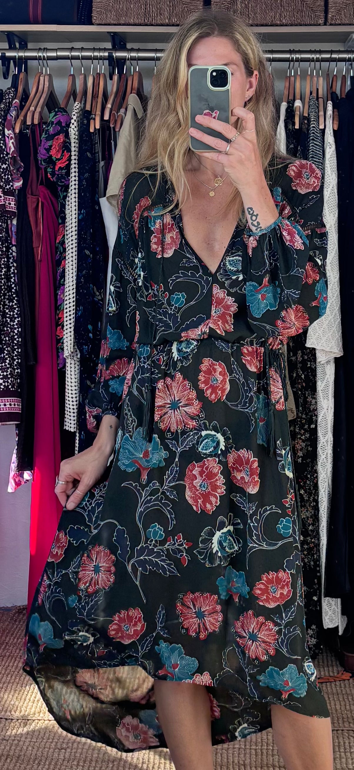 Revolve’s ASTR The Label Oversized Floral Boho Long Sleeve Hi Lo Tassel Drawstring Low Cut Maxi Dress