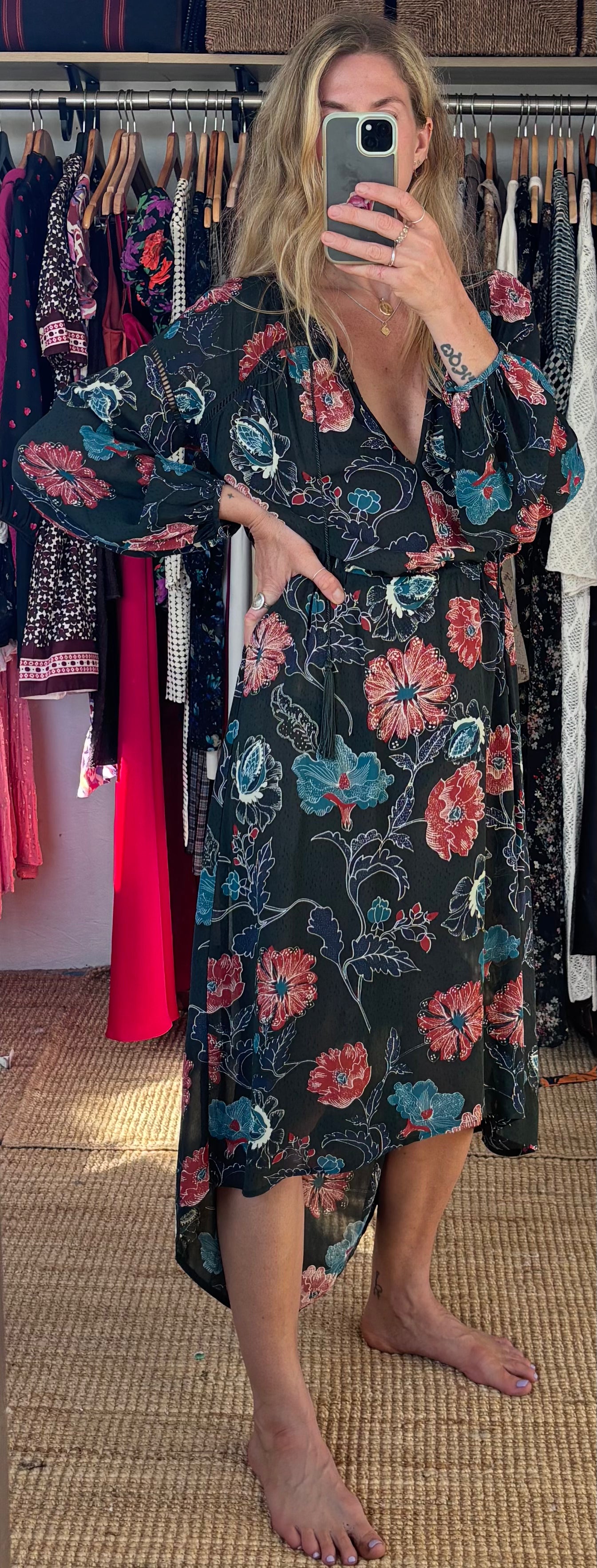 Revolve’s ASTR The Label Oversized Floral Boho Long Sleeve Hi Lo Tassel Drawstring Low Cut Maxi Dress