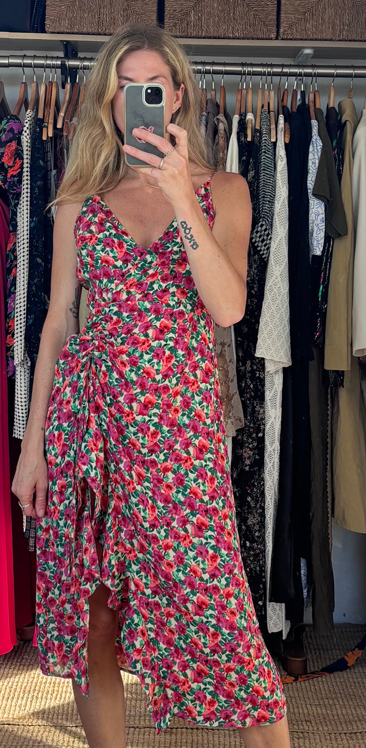 Olivia + James Pink Floral V Neck Ruffle Slit Ruched Spaghetti Strap Midi Dress
