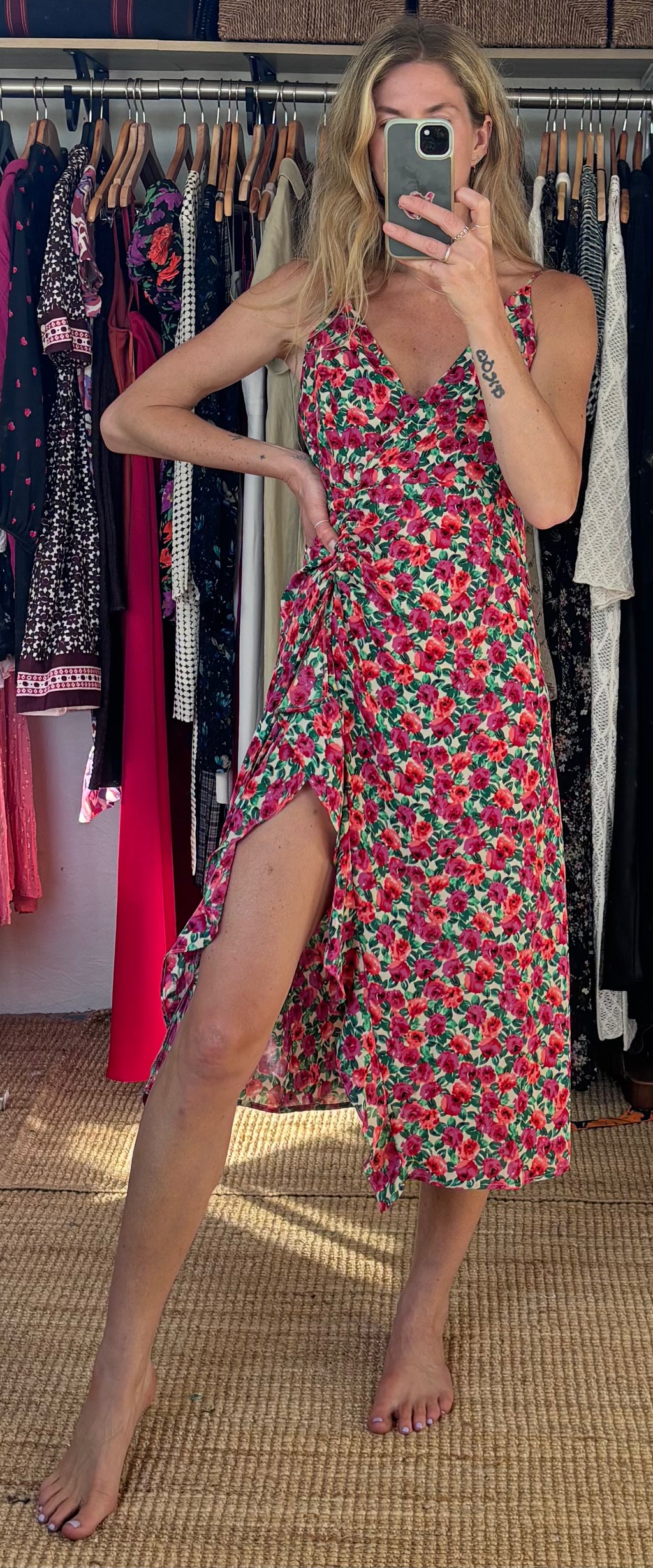 Olivia + James Pink Floral V Neck Ruffle Slit Ruched Spaghetti Strap Midi Dress