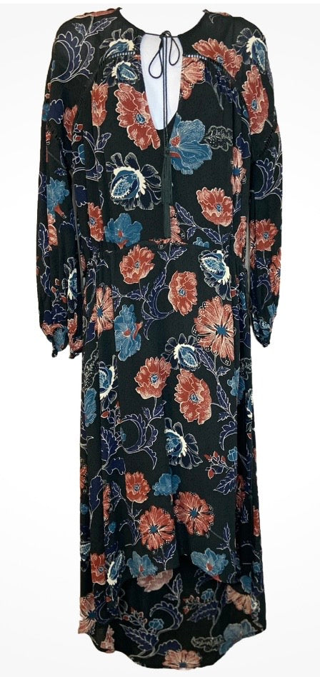 Revolve’s ASTR The Label Oversized Floral Boho Long Sleeve Hi Lo Tassel Drawstring Low Cut Maxi Dress