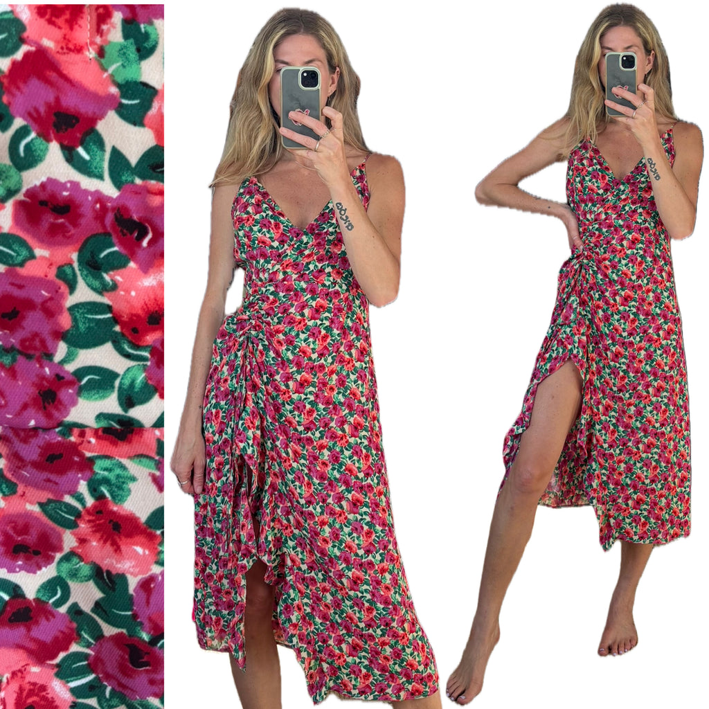 Olivia + James Pink Floral V Neck Ruffle Slit Ruched Spaghetti Strap Midi Dress