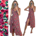 Olivia + James Pink Floral V Neck Ruffle Slit Ruched Spaghetti Strap Midi Dress