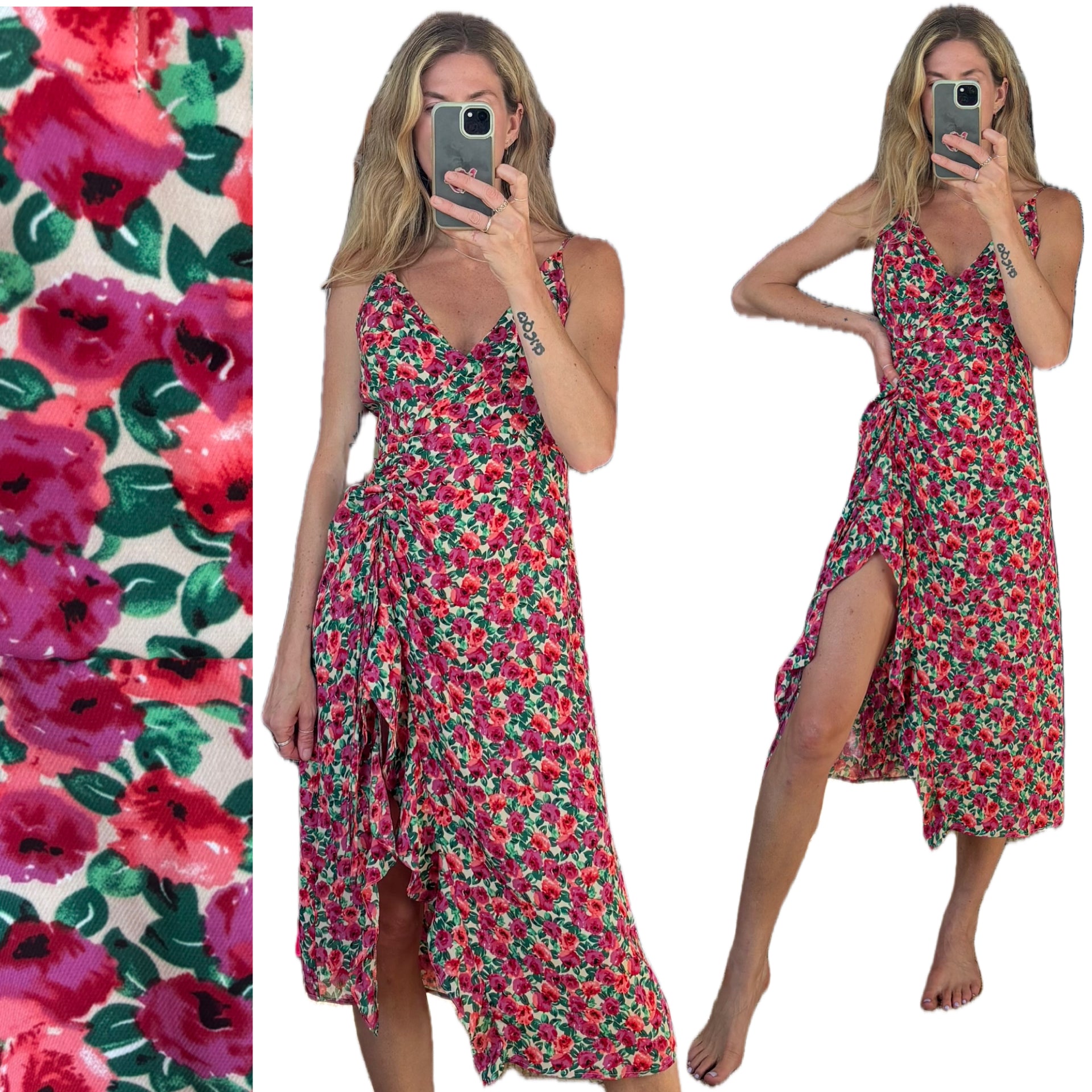 Olivia + James Pink Floral V Neck Ruffle Slit Ruched Spaghetti Strap Midi Dress