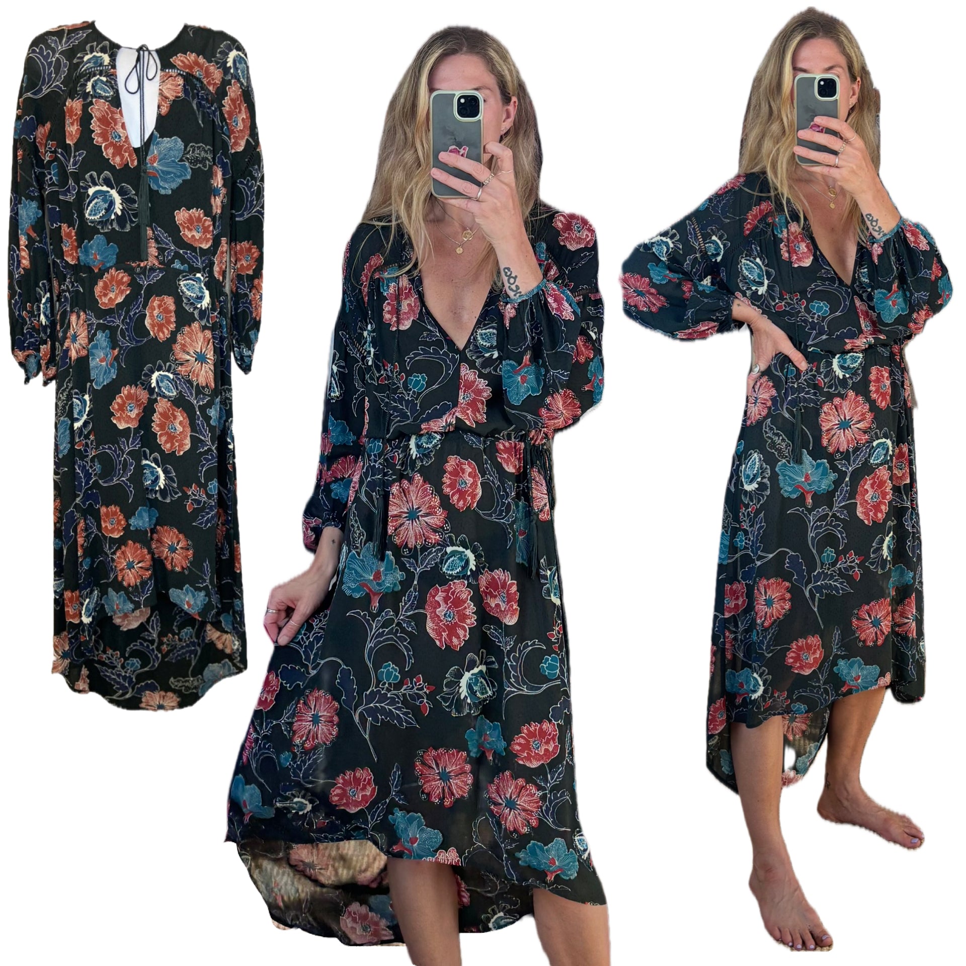Revolve’s ASTR The Label Oversized Floral Boho Long Sleeve Hi Lo Tassel Drawstring Low Cut Maxi Dress