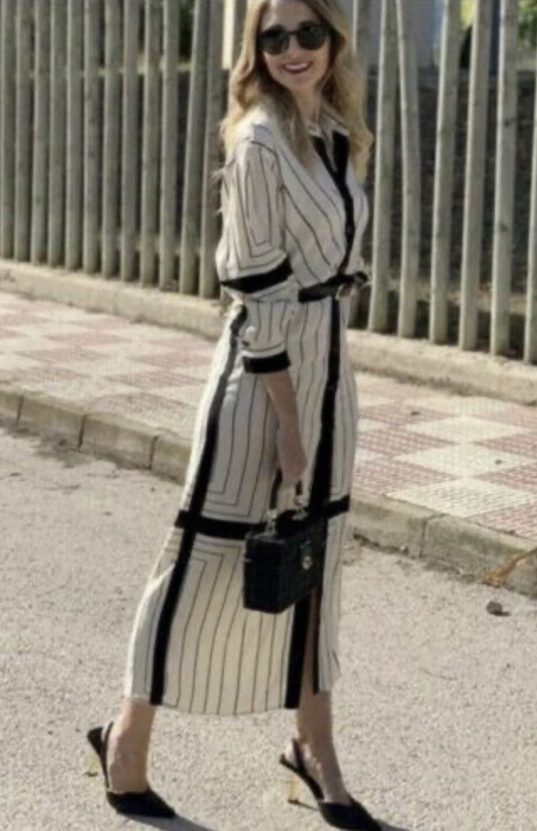 Zara Bloggers FavenCream and Black Stripe Long Sleeve Collared Button Down Midi Shirt Dress