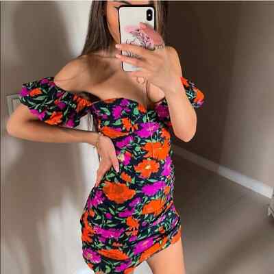 NWT Zara Bloggers Fave Ruched Bardot Off Shoulder Puff Sleeve 80’s Inspired Mini Dress&nbsp;