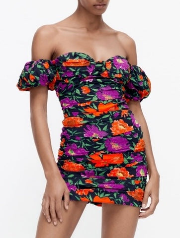 NWT Zara Bloggers Fave Ruched Bardot Off Shoulder Puff Sleeve 80’s Inspired Mini Dress&nbsp;