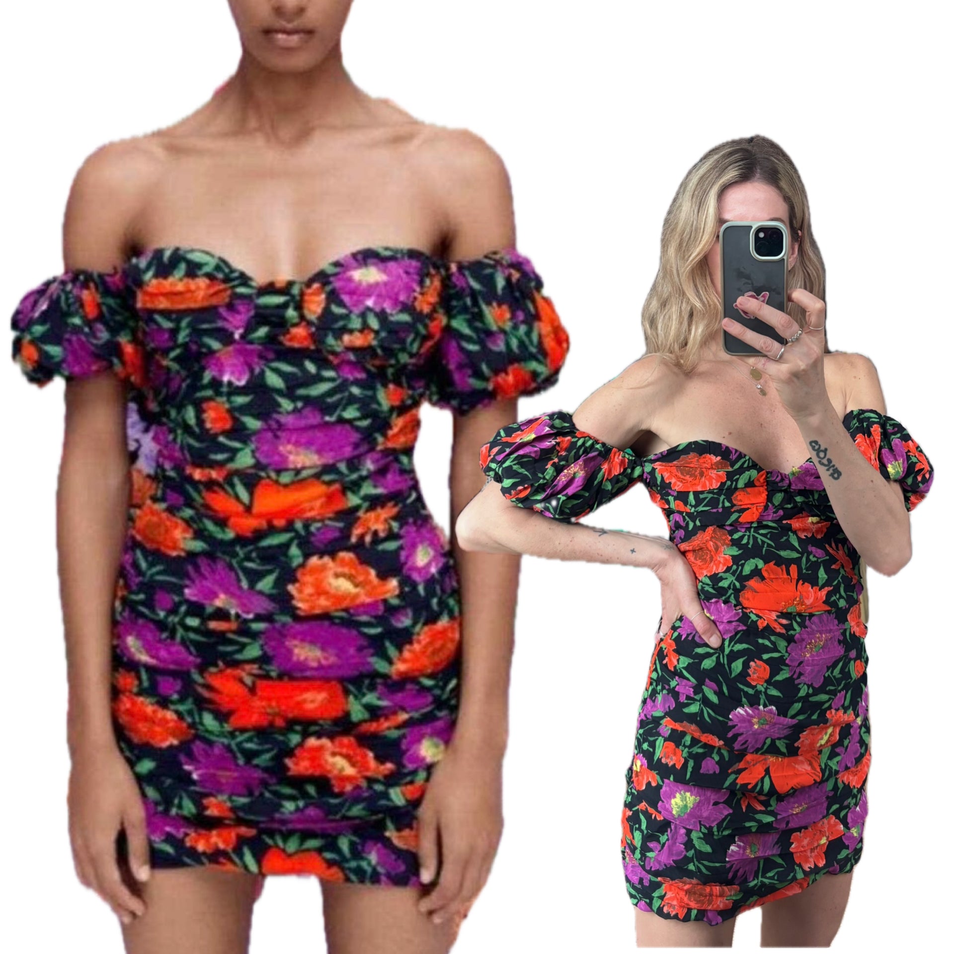 NWT Zara Bloggers Fave Ruched Bardot Off Shoulder Puff Sleeve 80’s Inspired Mini Dress&nbsp;