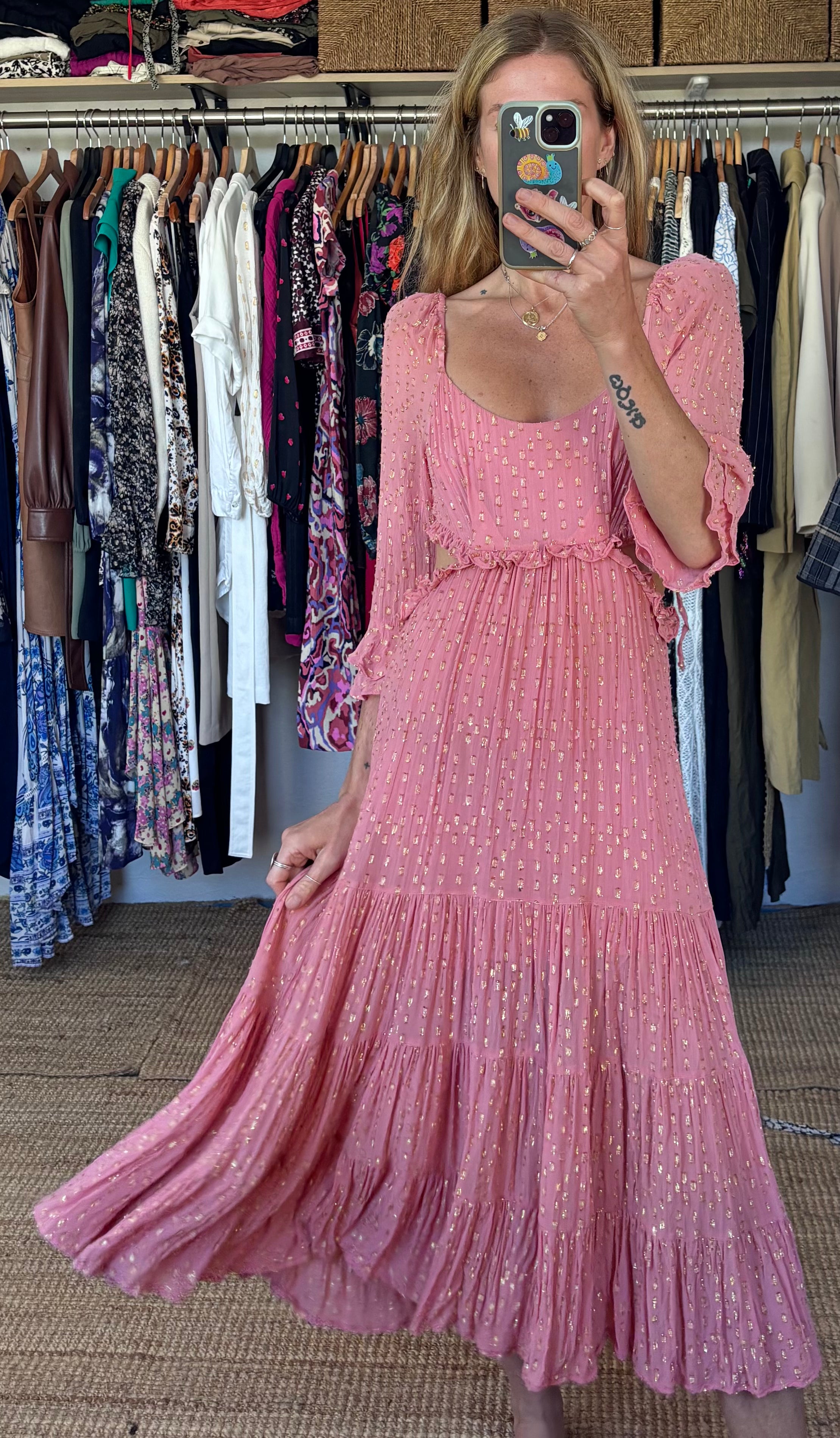 Anthropologie RAHI Dusty Pink Gold Metallic Polka Dot Cut Out Boho Maxi Dress