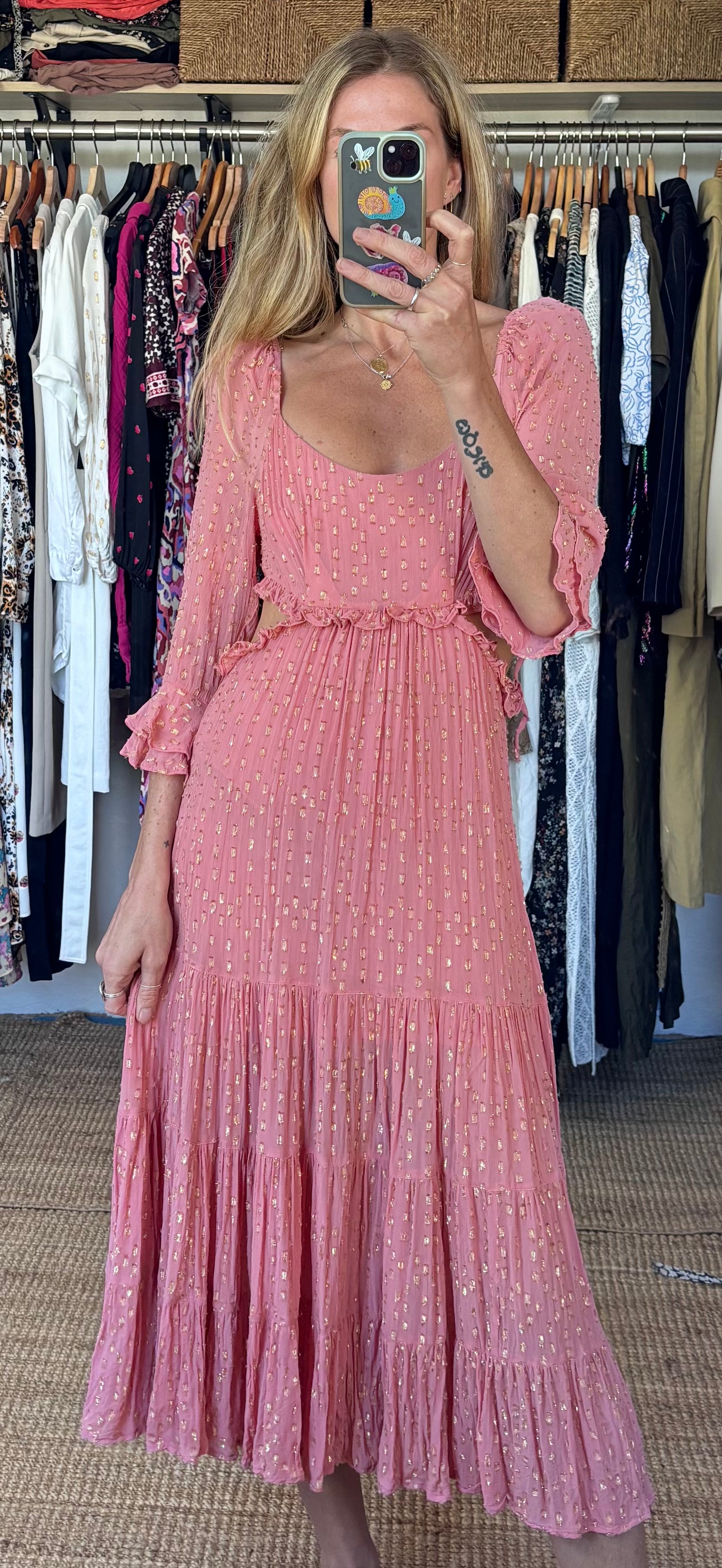 Anthropologie RAHI Dusty Pink Gold Metallic Polka Dot Cut Out Boho Maxi Dress