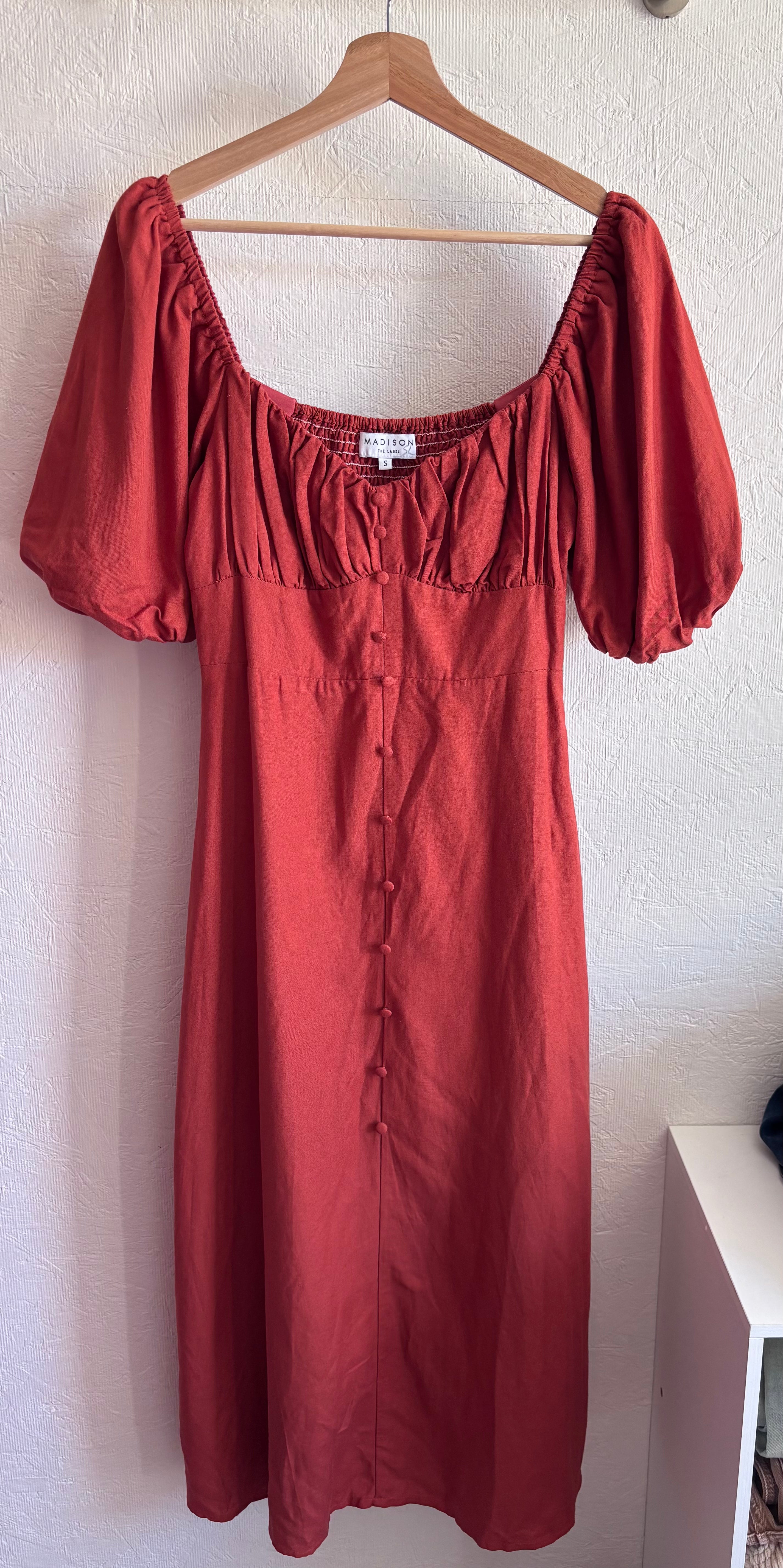 Revolve’s Madison The Label Burnt Orange Rust Linen Blend Puff Short Sleeve Button Down Midi Dress