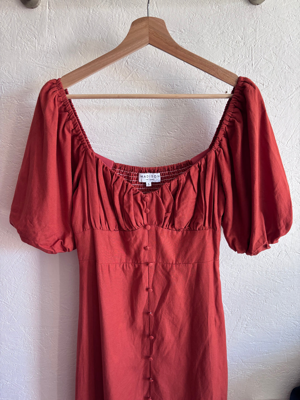 Revolve’s Madison The Label Burnt Orange Rust Linen Blend Puff Short Sleeve Button Down Midi Dress