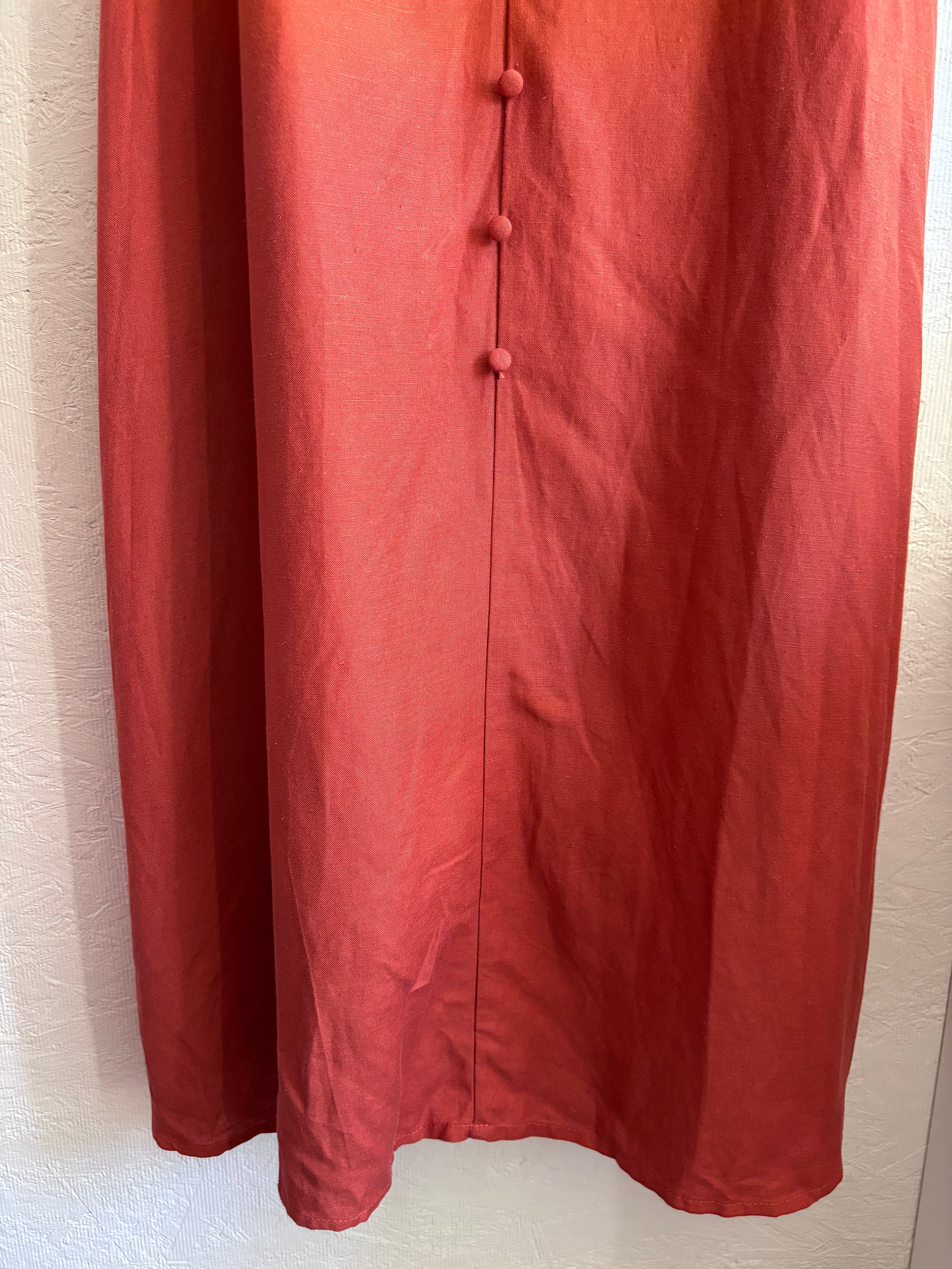 Revolve’s Madison The Label Burnt Orange Rust Linen Blend Puff Short Sleeve Button Down Midi Dress