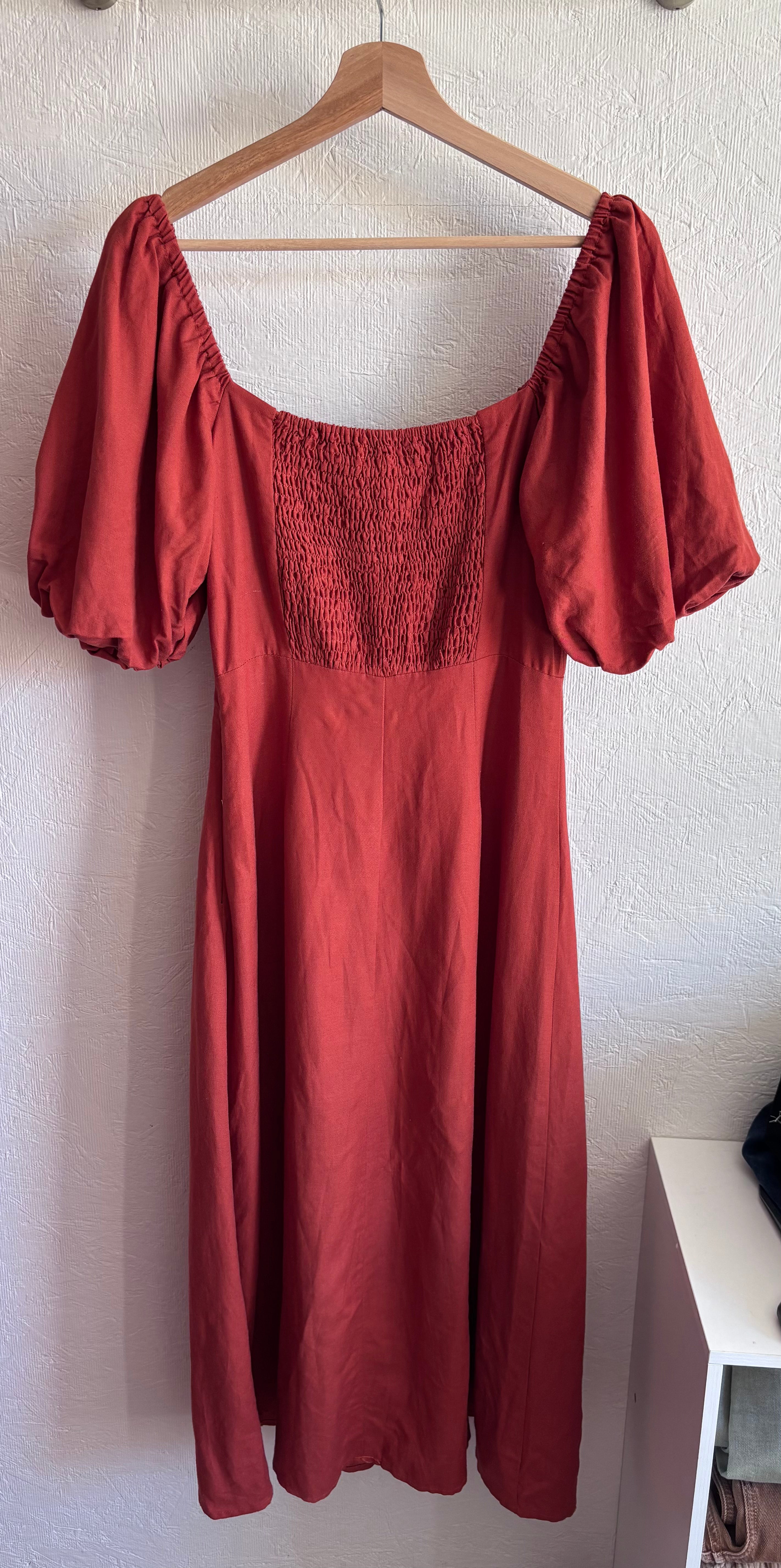 Revolve’s Madison The Label Burnt Orange Rust Linen Blend Puff Short Sleeve Button Down Midi Dress