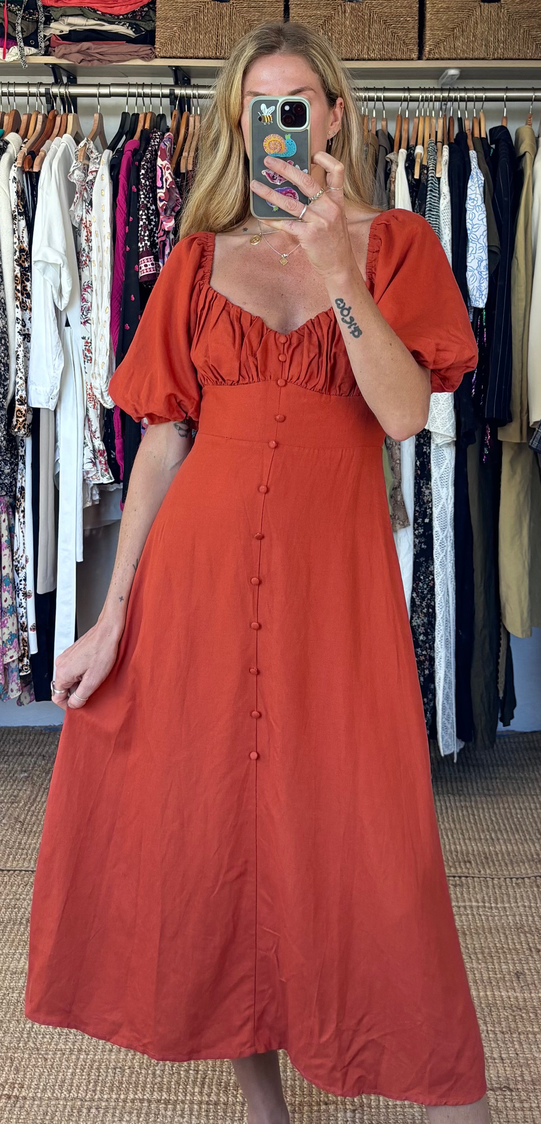 Revolve’s Madison The Label Burnt Orange Rust Linen Blend Puff Short Sleeve Button Down Midi Dress