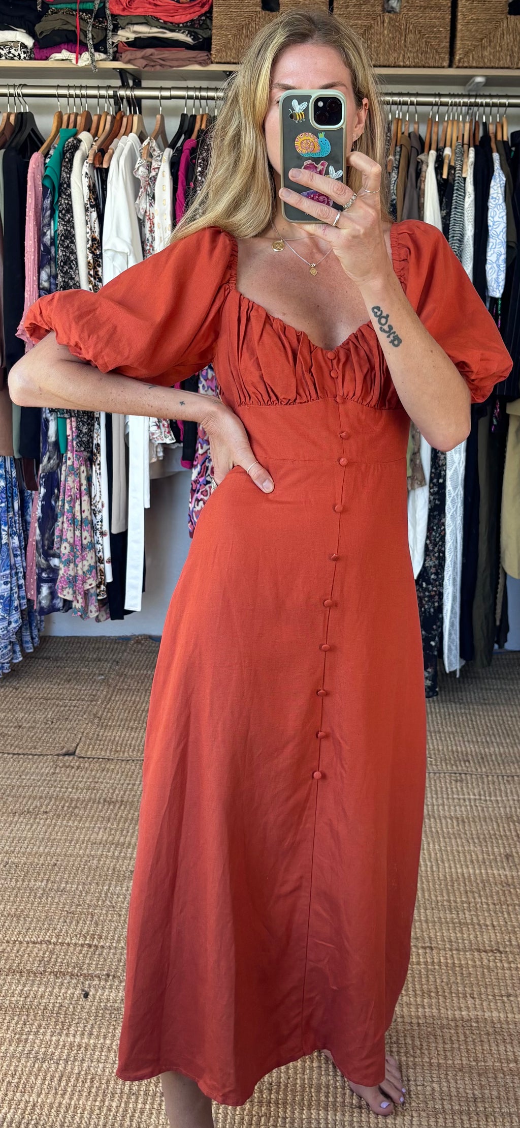 Revolve’s Madison The Label Burnt Orange Rust Linen Blend Puff Short Sleeve Button Down Midi Dress