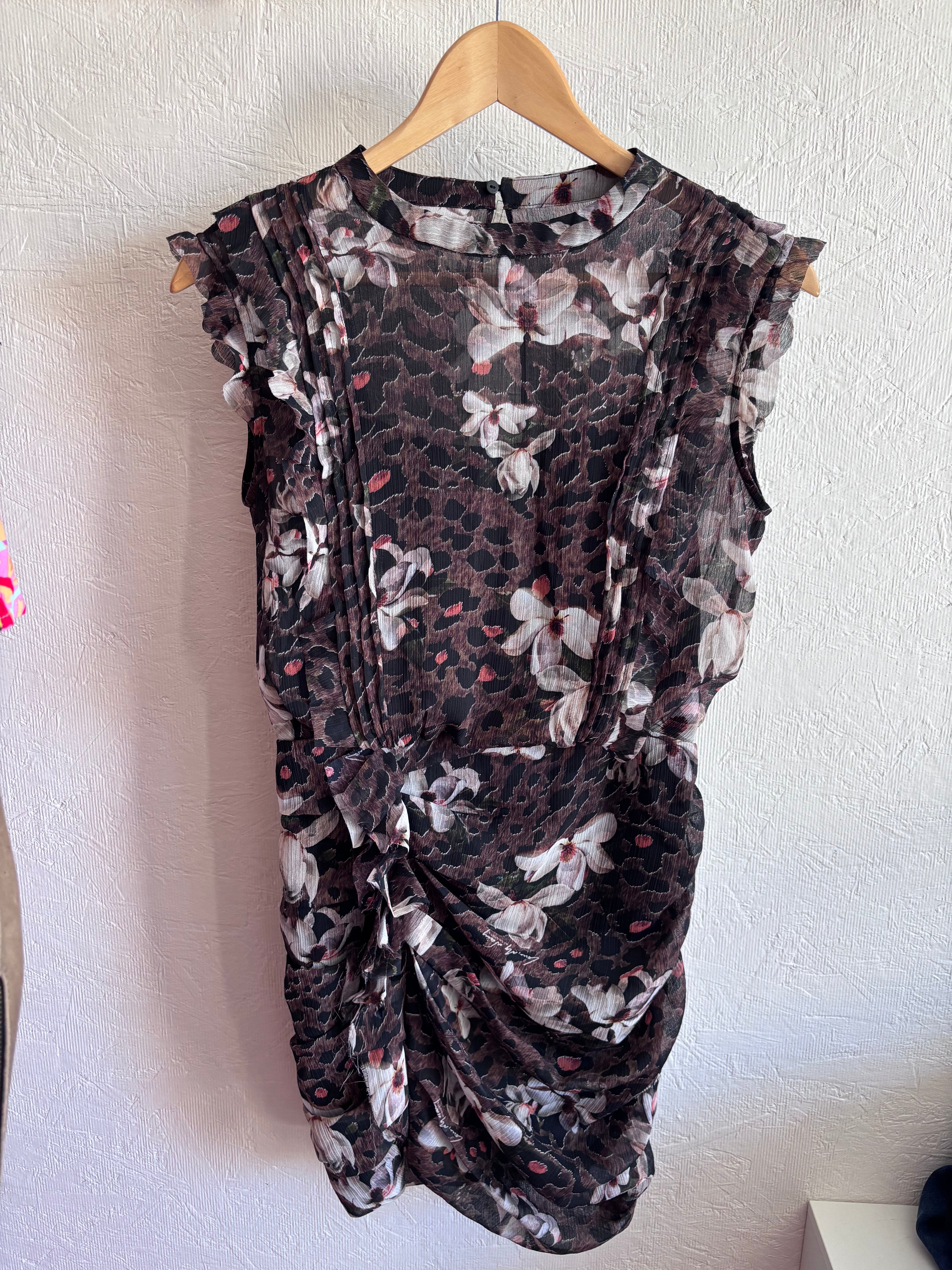 All Saints Floral Leopard Print Ruffle Ruched Sleeveless Hali Alessandra Mini Dress