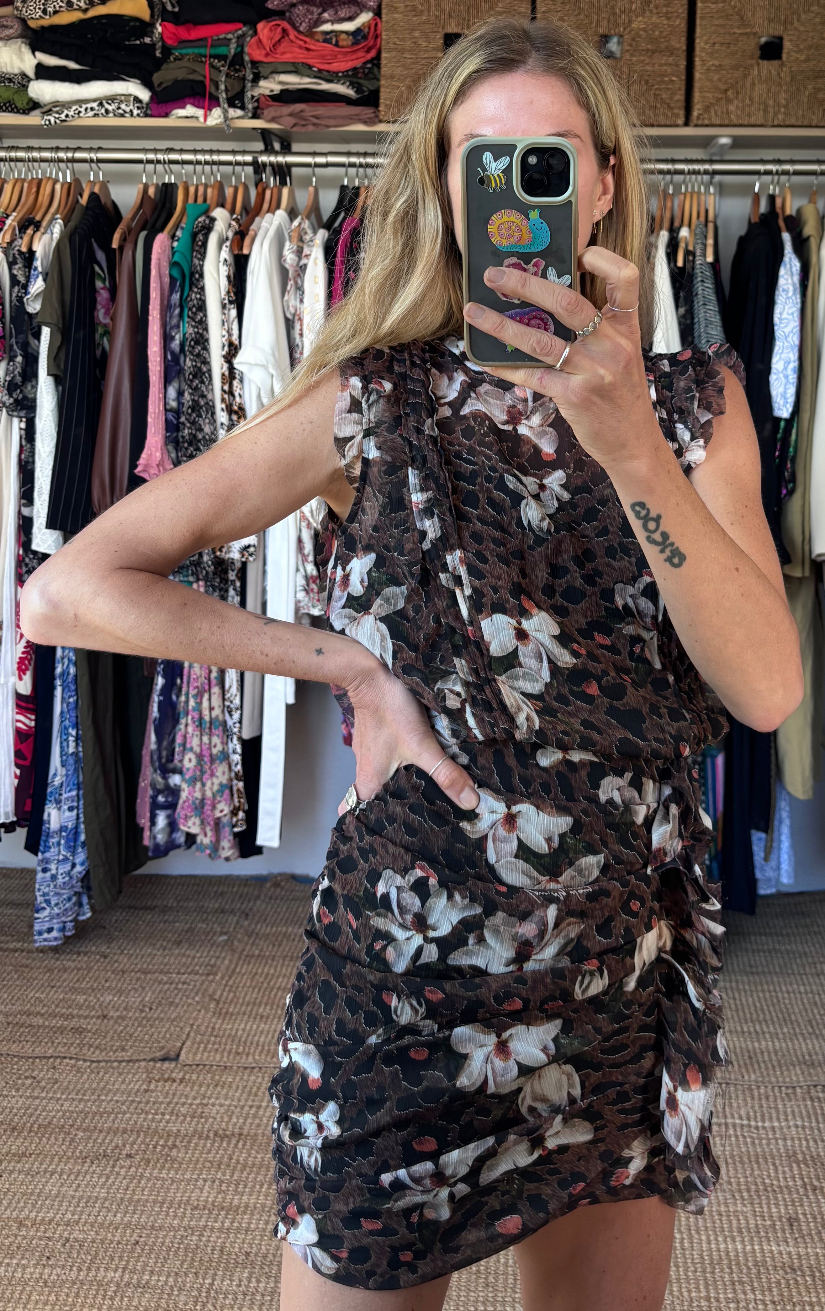 All Saints Floral Leopard Print Ruffle Ruched Sleeveless Hali Alessandra Mini Dress