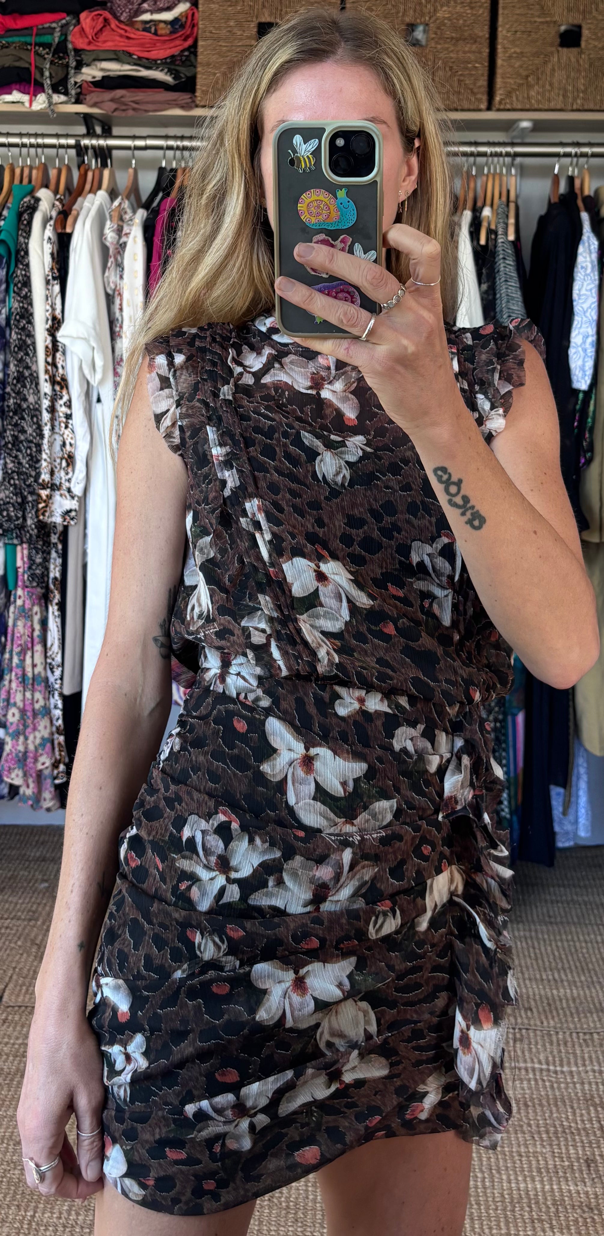 All Saints Floral Leopard Print Ruffle Ruched Sleeveless Hali Alessandra Mini Dress