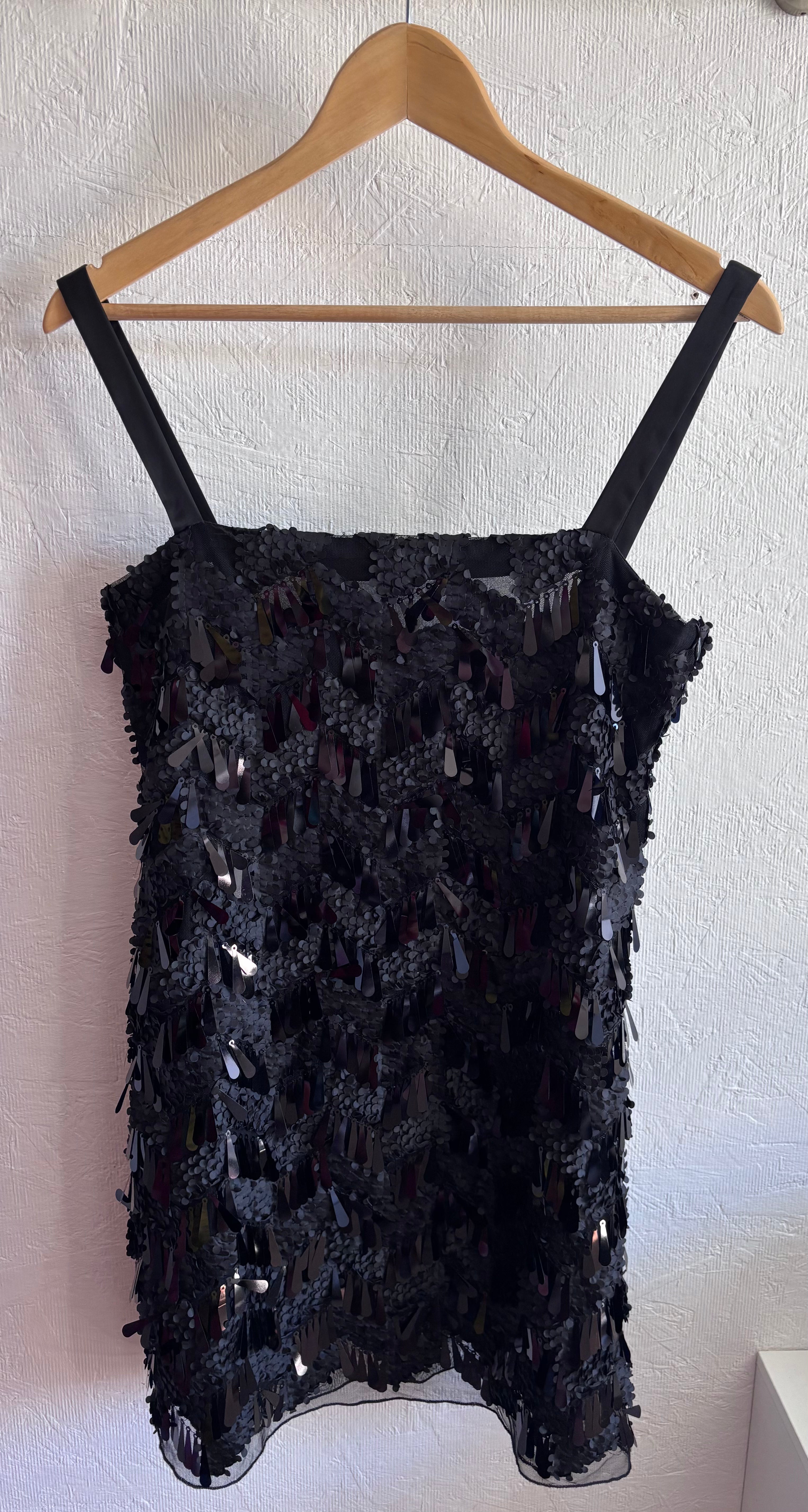 Zara Bloggers Fave Black Sequin Textured Spaghetti Strap Mini Slip Dress