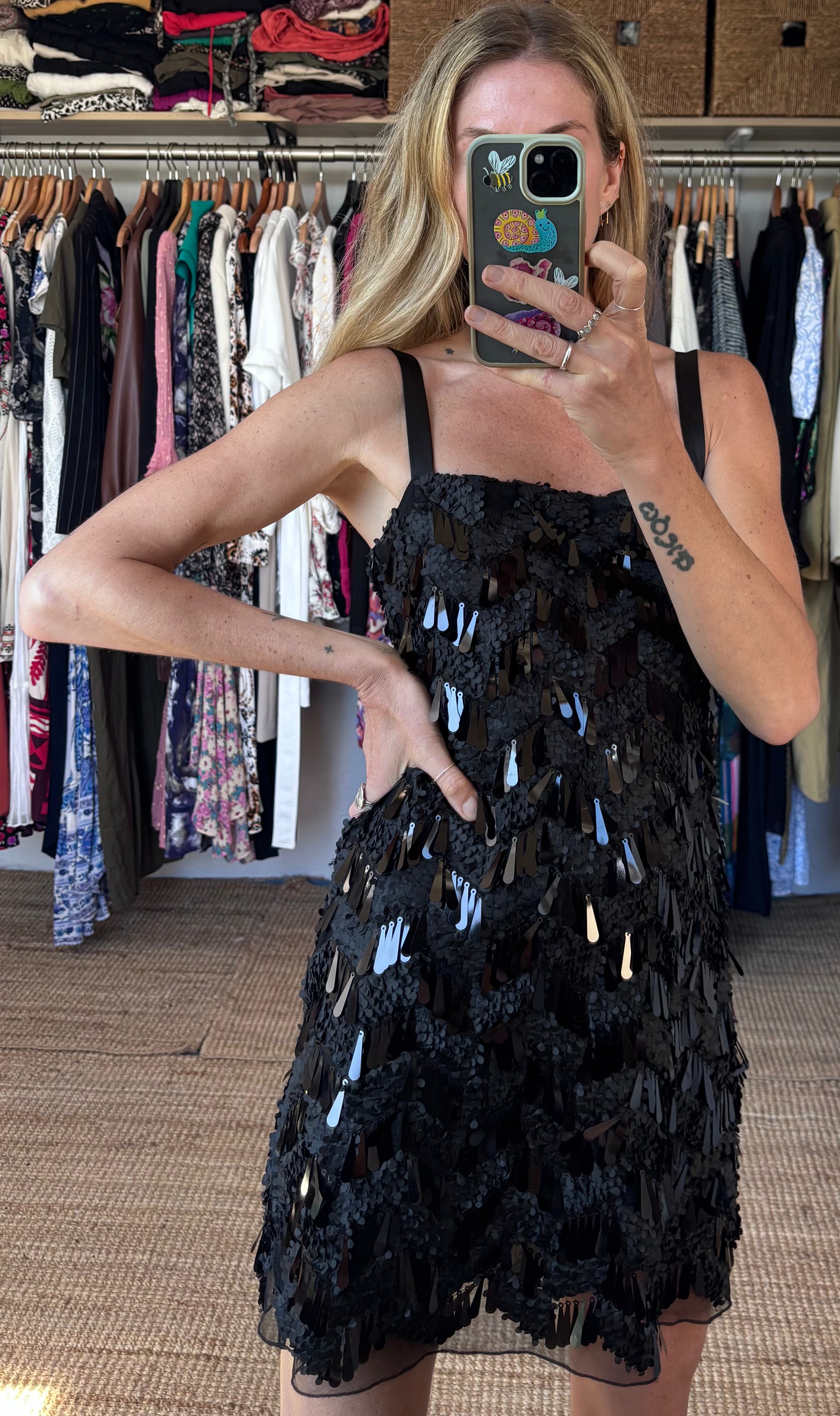 Zara Bloggers Fave Black Sequin Textured Spaghetti Strap Mini Slip Dress
