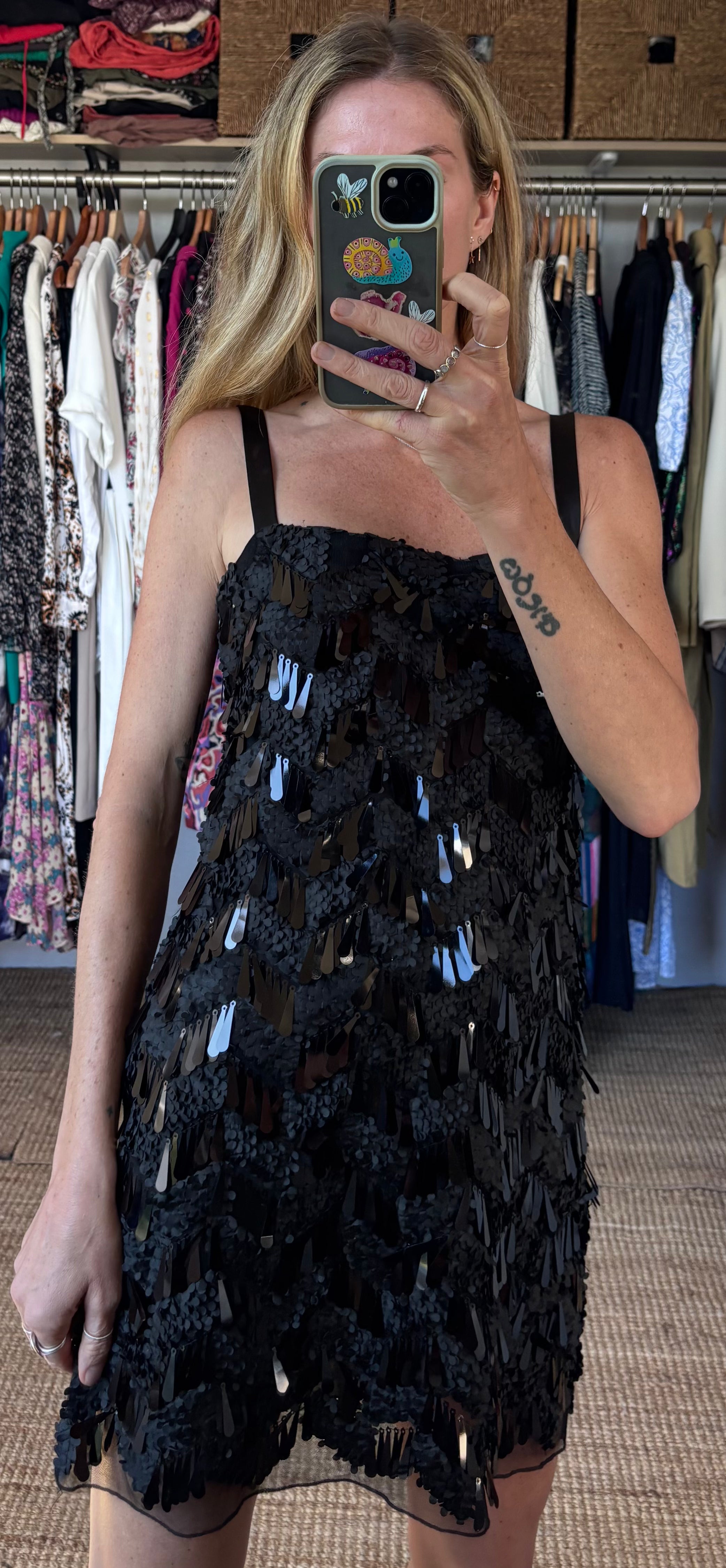 Zara Bloggers Fave Black Sequin Textured Spaghetti Strap Mini Slip Dress