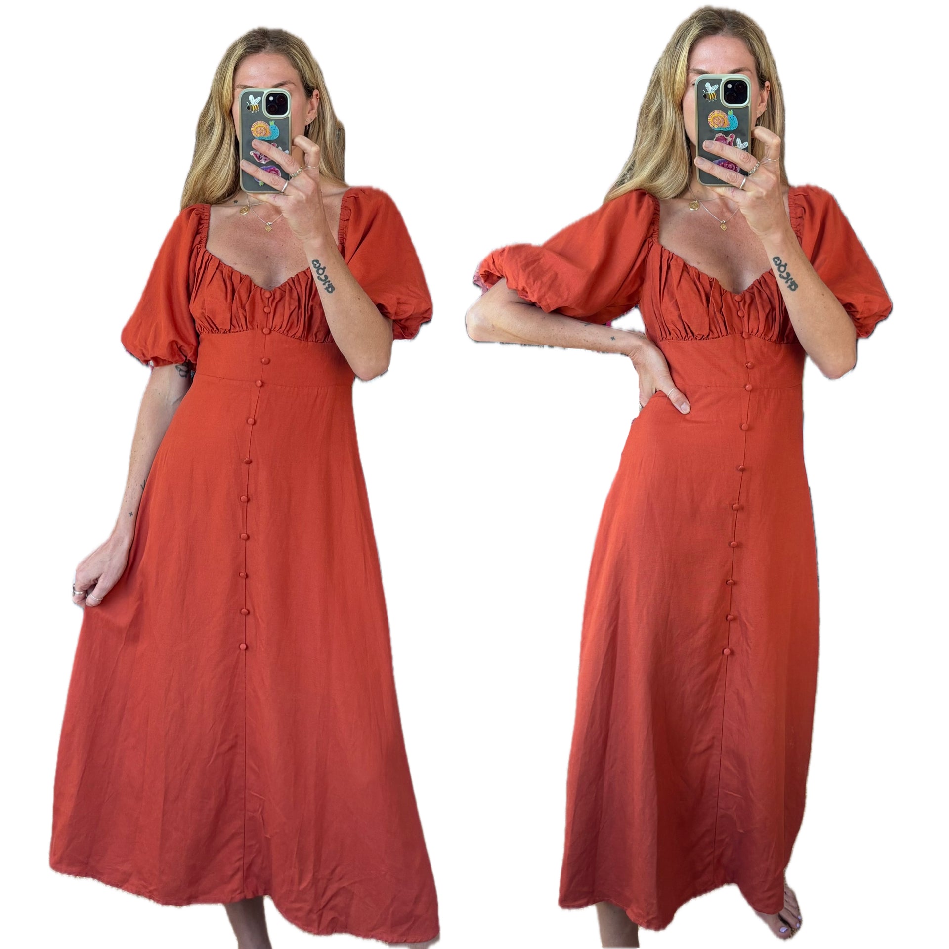 Revolve’s Madison The Label Burnt Orange Rust Linen Blend Puff Short Sleeve Button Down Midi Dress