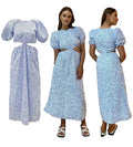 Faithful the Brand Martine Floral Print Alessandria Midi Cut Out Floral White with Blue Dress