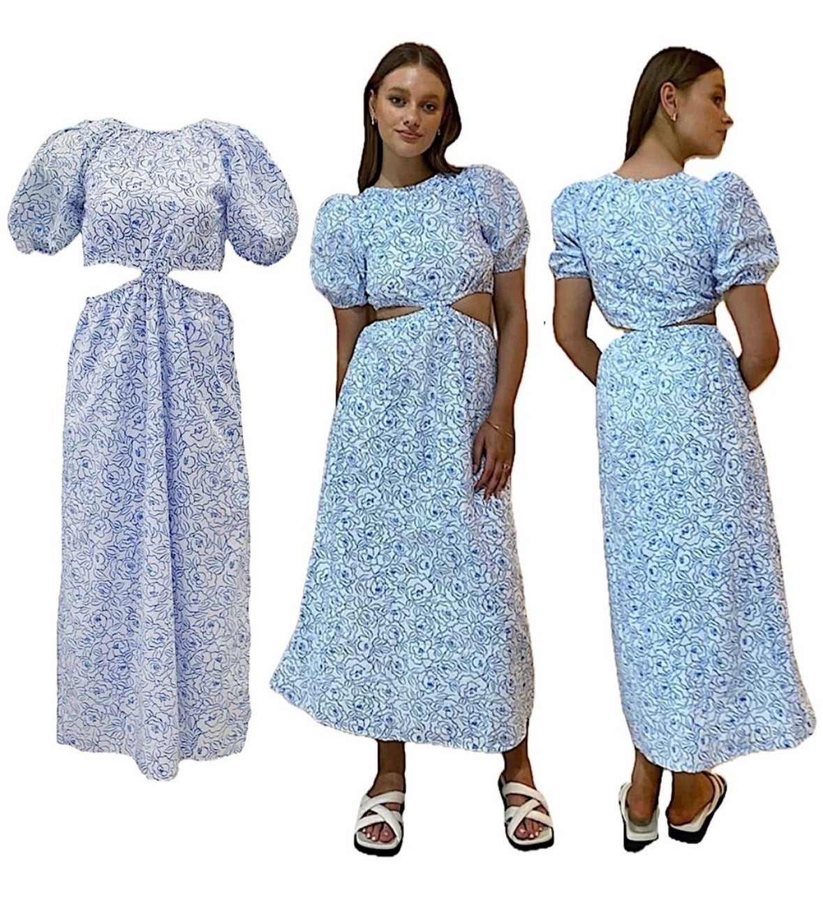 Faithful the Brand Martine Floral Print Alessandria Midi Cut Out Floral White with Blue Dress