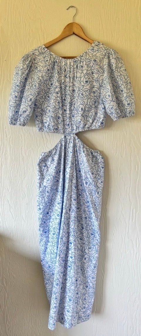 Faithful the Brand Martine Floral Print Alessandria Midi Cut Out Floral White with Blue Dress