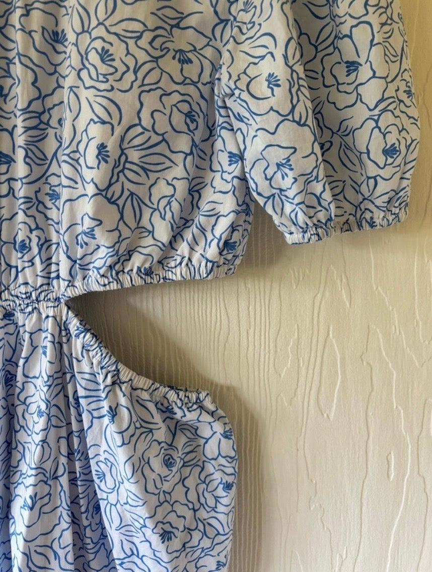 Faithful the Brand Martine Floral Print Alessandria Midi Cut Out Floral White with Blue Dress