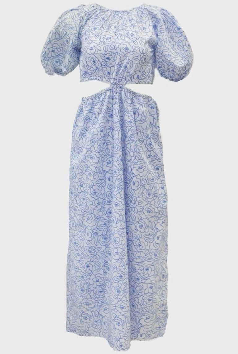 Faithful the Brand Martine Floral Print Alessandria Midi Cut Out Floral White with Blue Dress