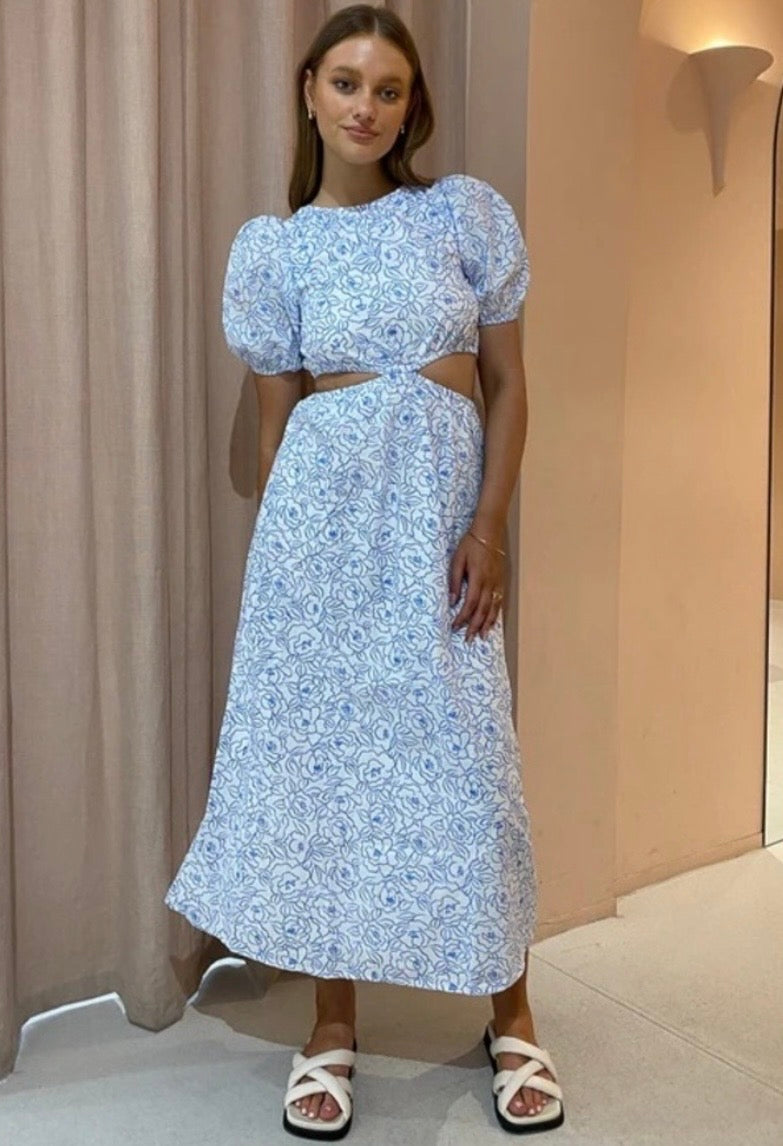 Faithful the Brand Martine Floral Print Alessandria Midi Cut Out Floral White with Blue Dress
