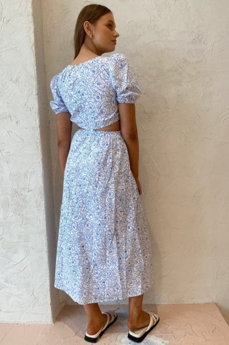 Faithful the Brand Martine Floral Print Alessandria Midi Cut Out Floral White with Blue Dress